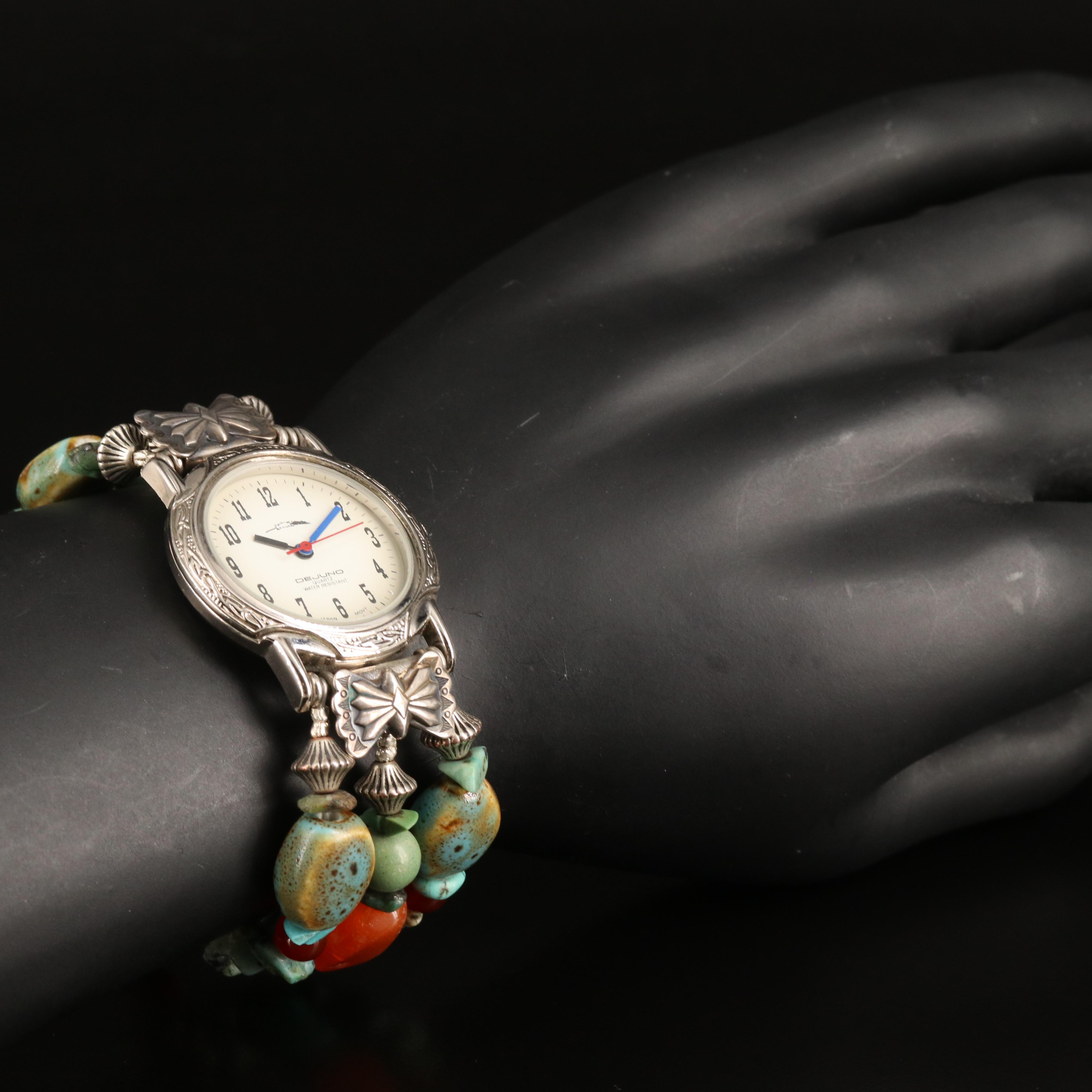 Dejuno Quartz Watch with Sterling, Turquoise and Agate Bracelet