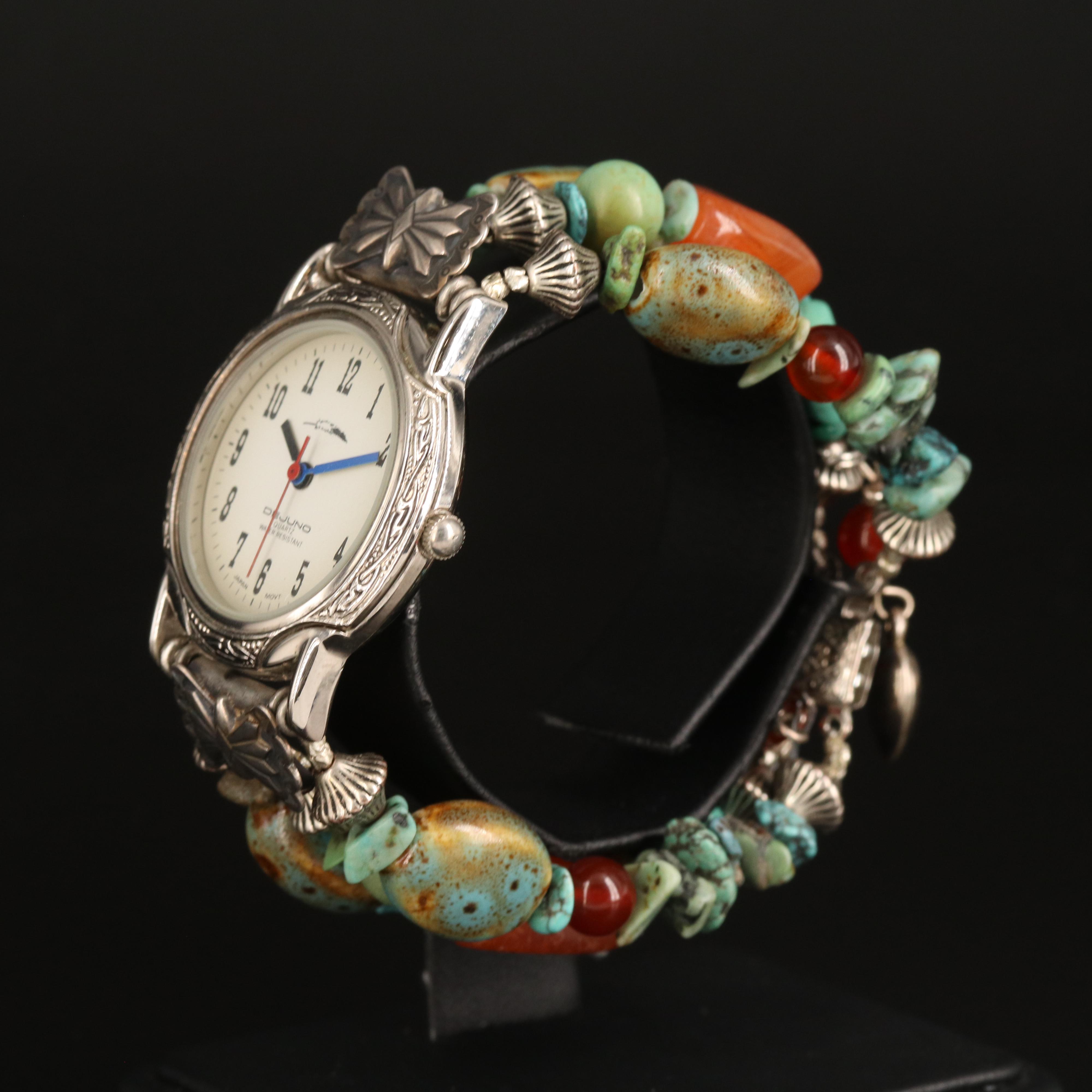 Dejuno Quartz Watch with Sterling, Turquoise and Agate Bracelet