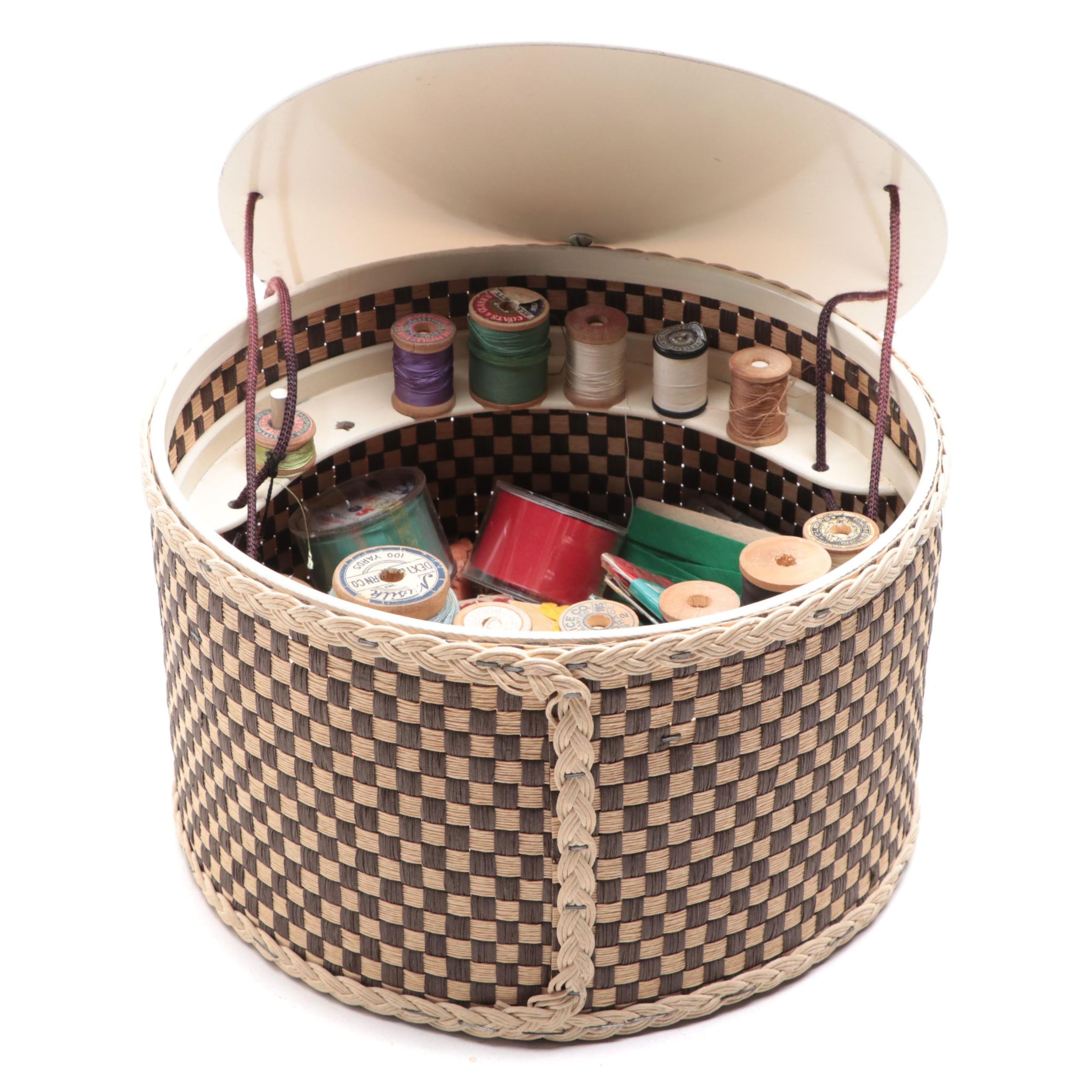 Paper Raffia Weave Sewing Caddy with Sewing Supplies and Notions