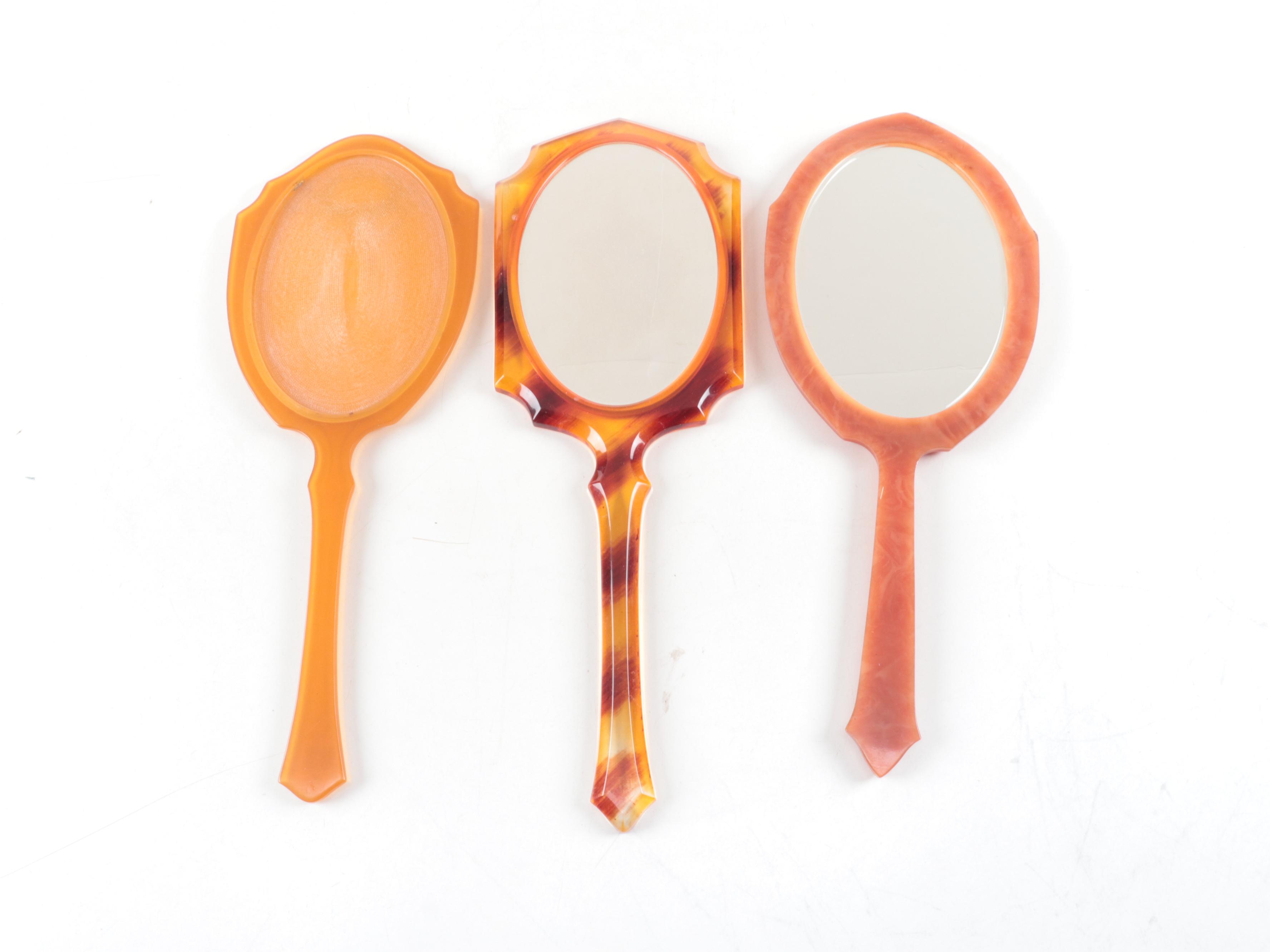 Art Deco Style Celluloid and Bakelite Hand Mirrors and Clothes Brushes