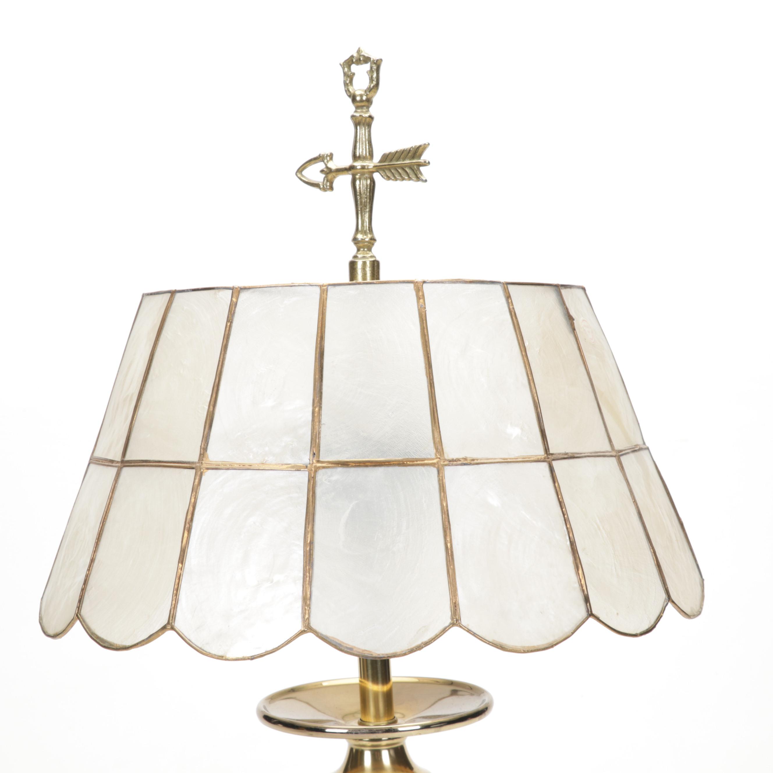 Brass Table Lamp with Capiz Shell Shade, Mid-20th Century