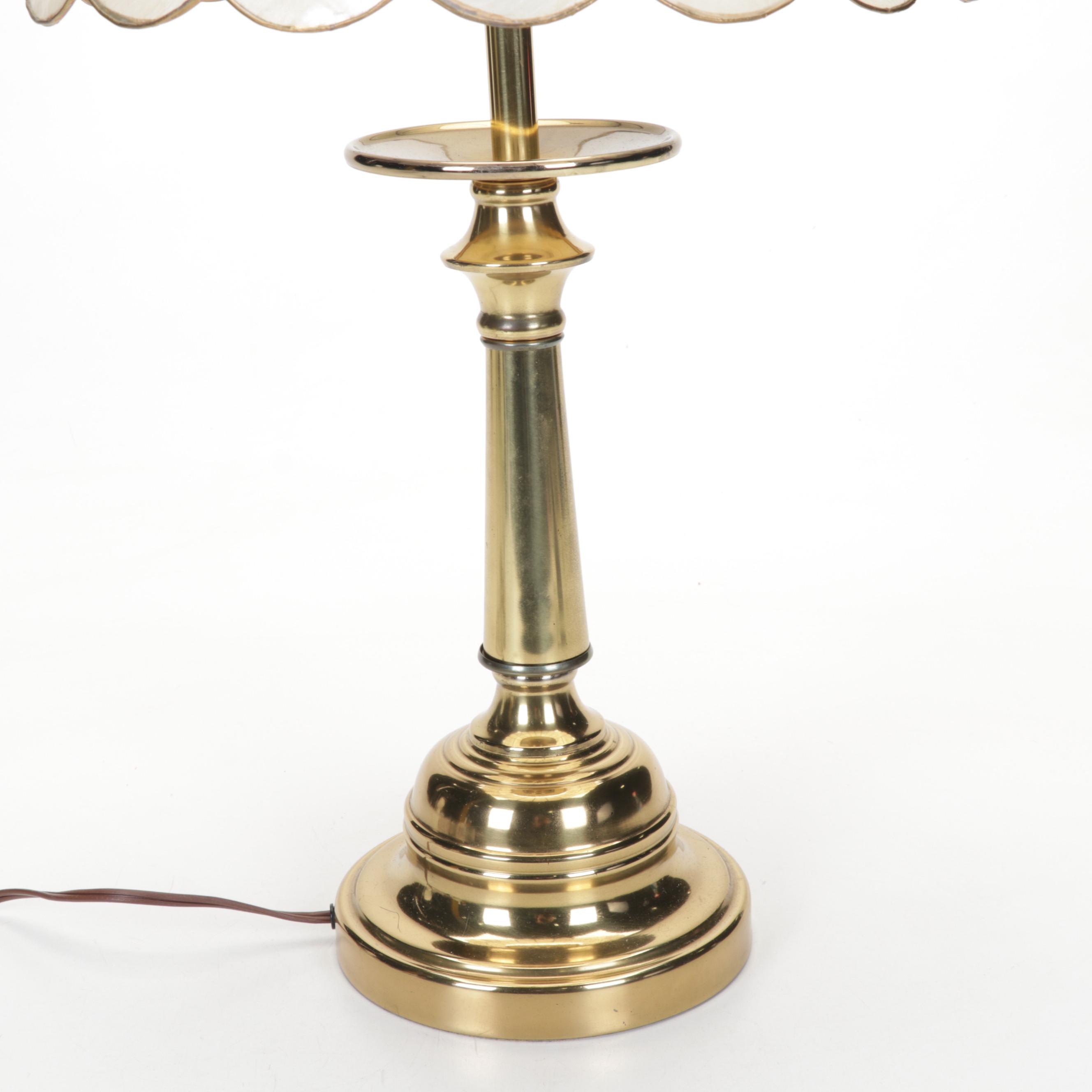 Brass Table Lamp with Capiz Shell Shade, Mid-20th Century
