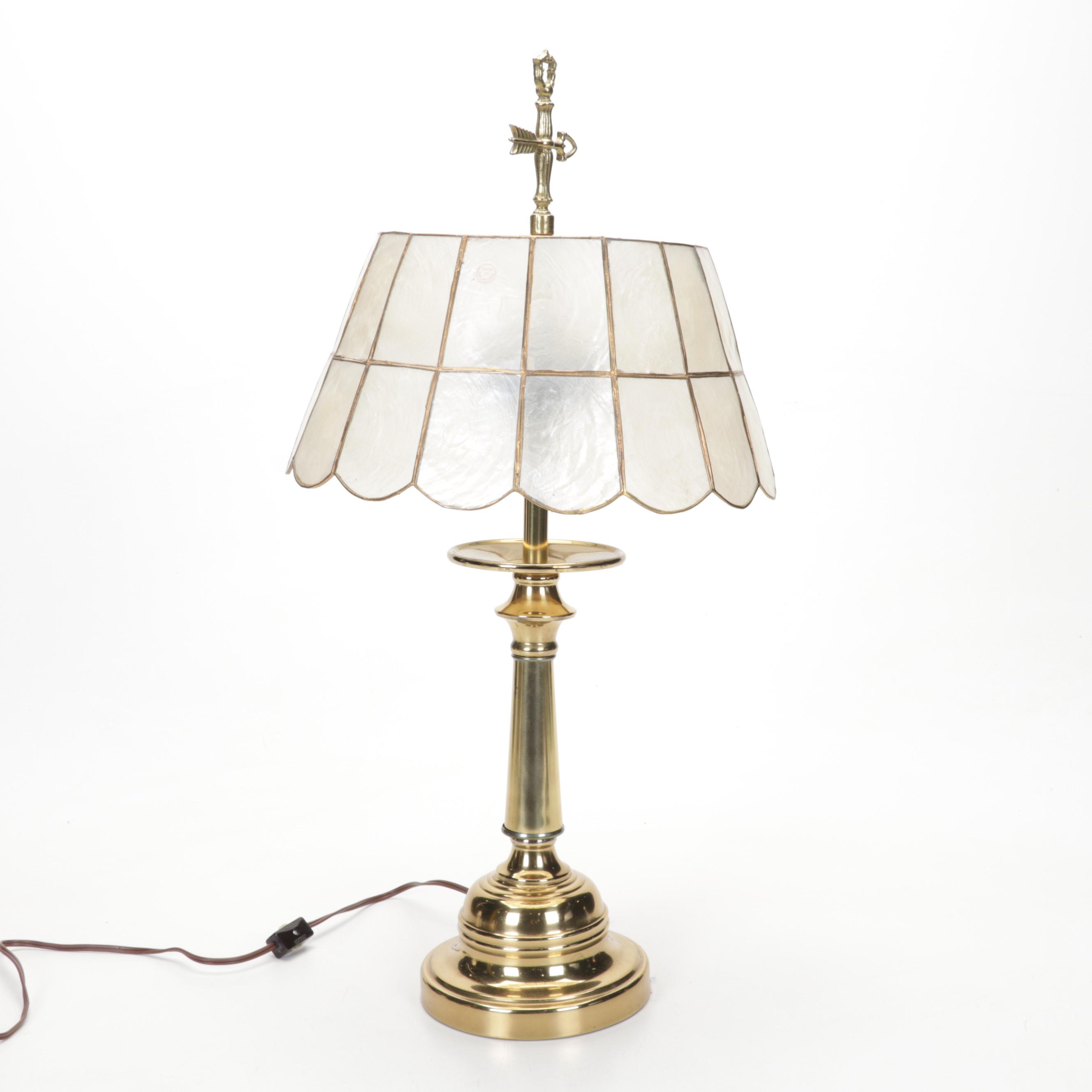 Brass Table Lamp with Capiz Shell Shade, Mid-20th Century