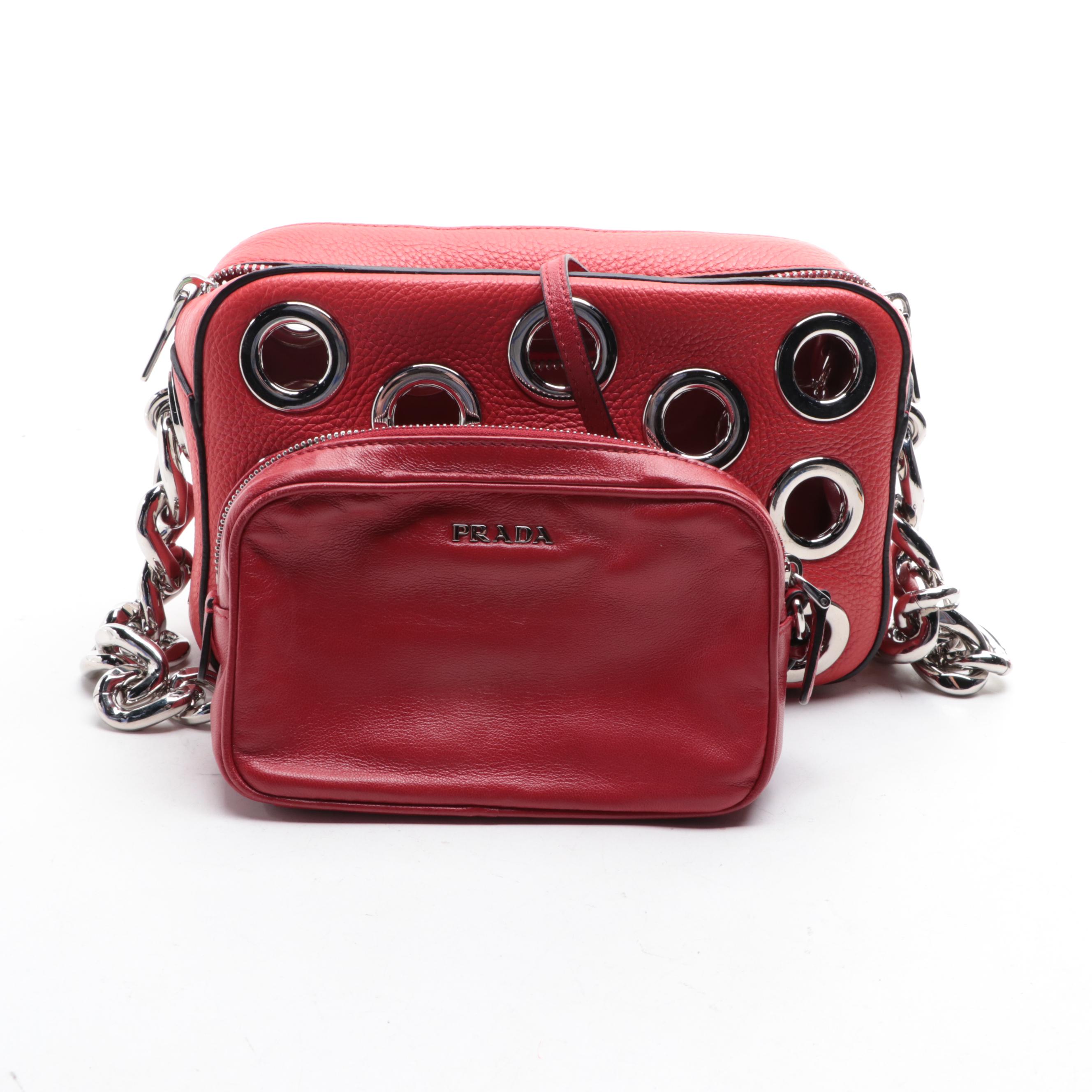 Prada Grommet Shoulder Bag with Chain Strap in Leather
