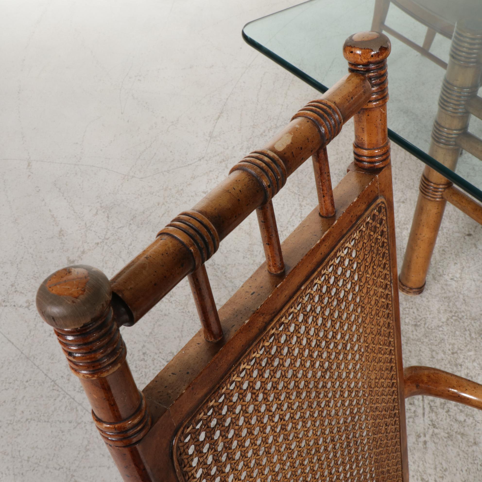 Stanley Furniture Faux Rattan and Glass Top Seven-Piece Dining Set, 1970s