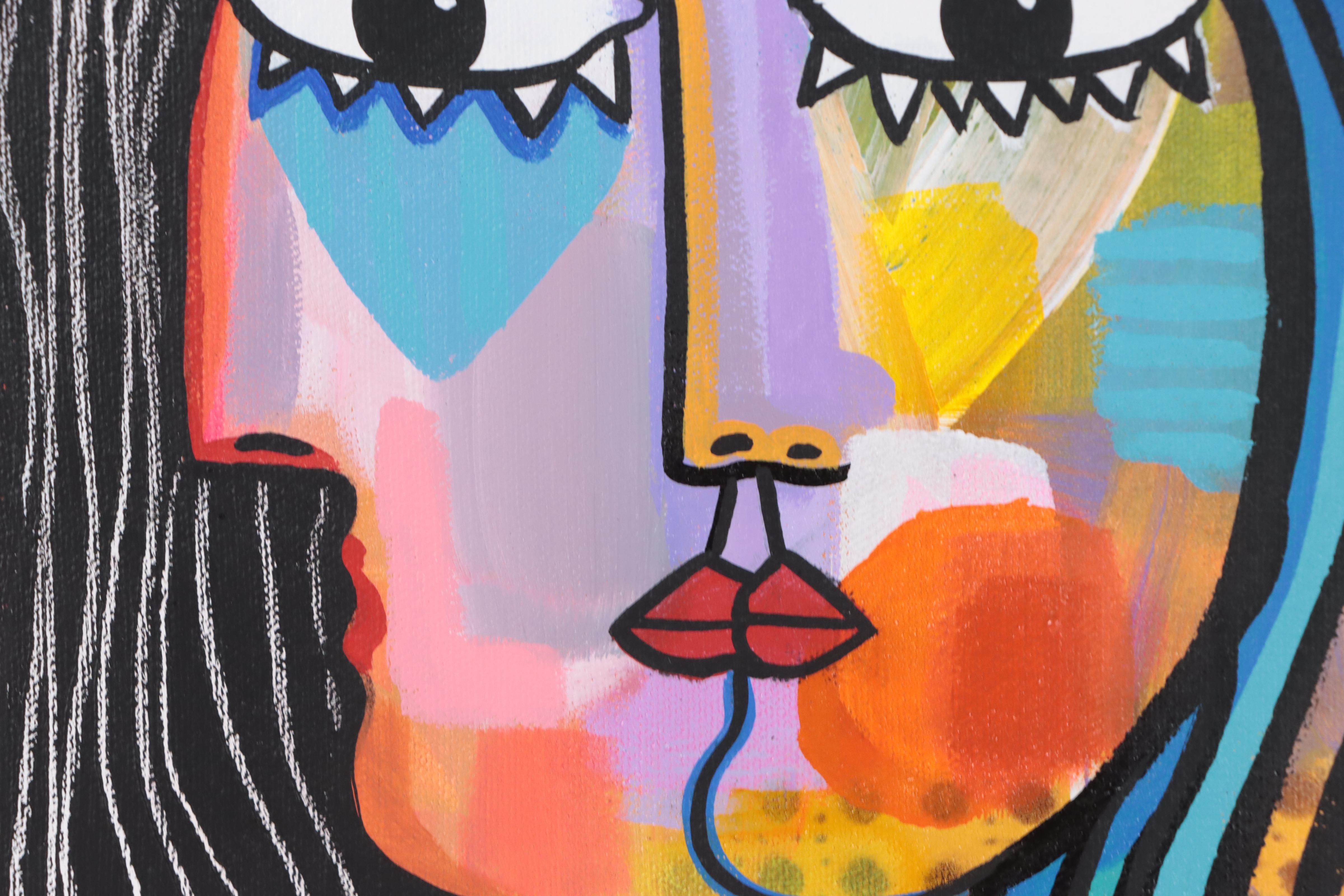 Michel Blázquez Acrylic Painting "Woman with Flower Hat," 2023