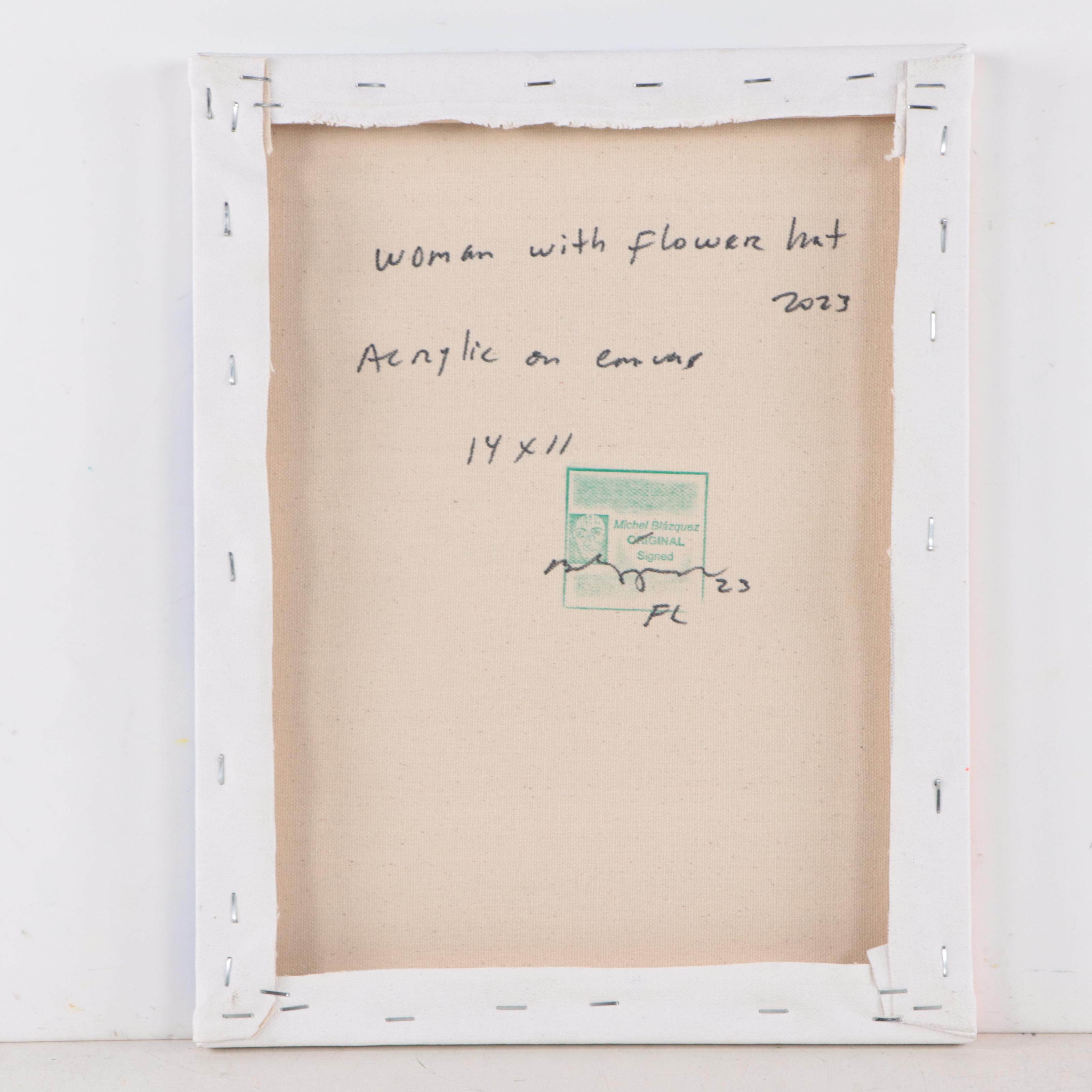 Michel Blázquez Acrylic Painting "Woman with Flower Hat," 2023