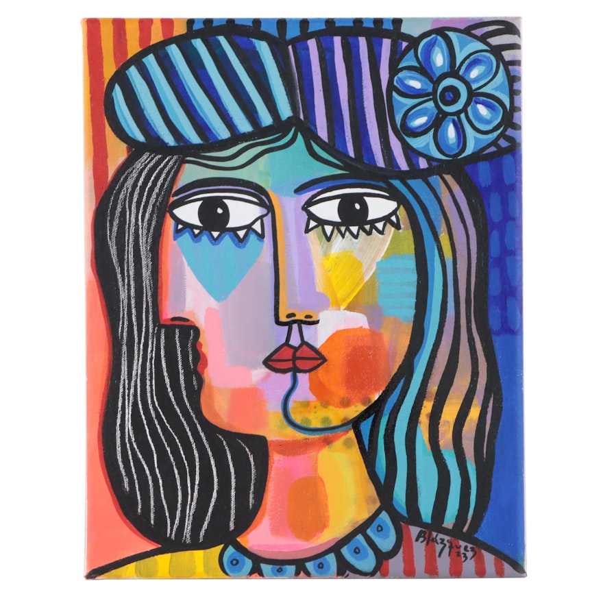 Michel Blázquez Acrylic Painting "Woman with Flower Hat," 2023