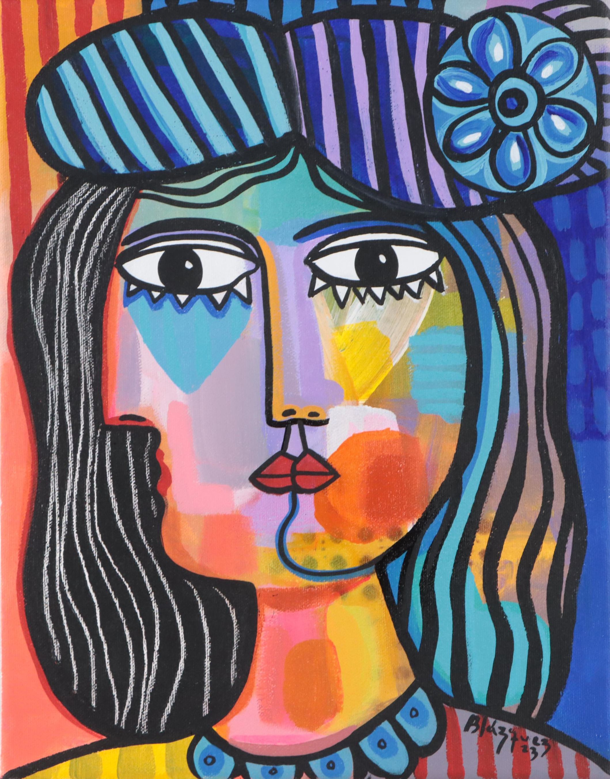 Michel Blázquez Acrylic Painting "Woman with Flower Hat," 2023