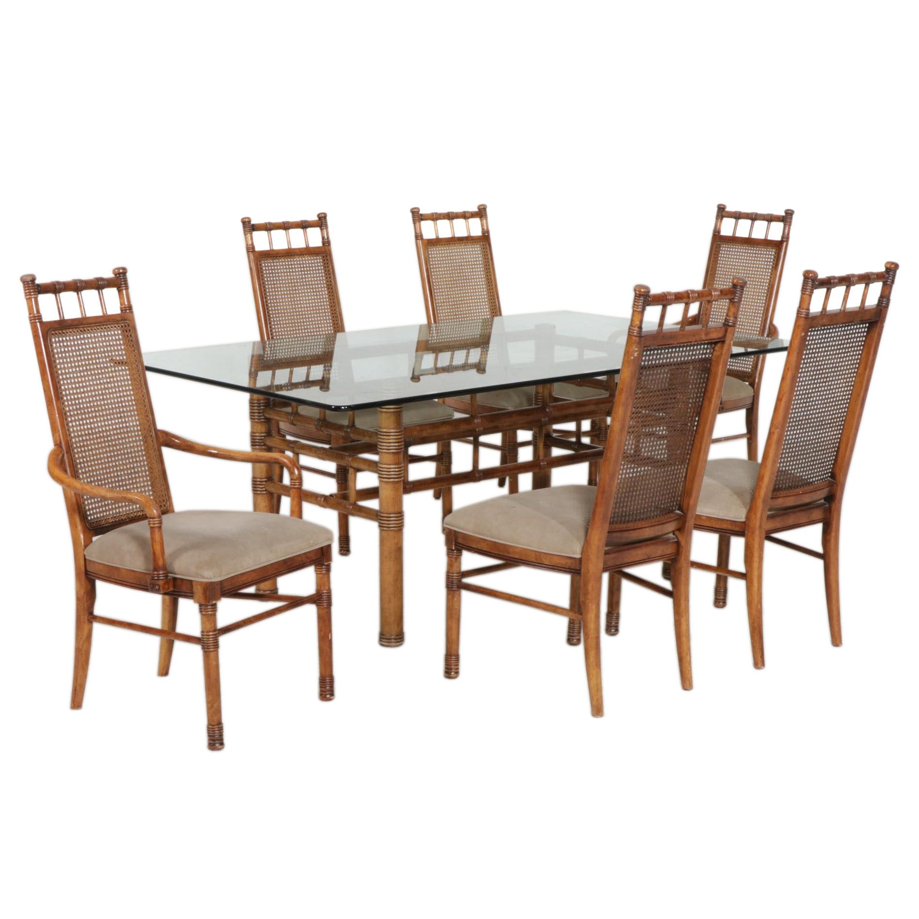 Stanley Furniture Faux Rattan and Glass Top Seven-Piece Dining Set, 1970s