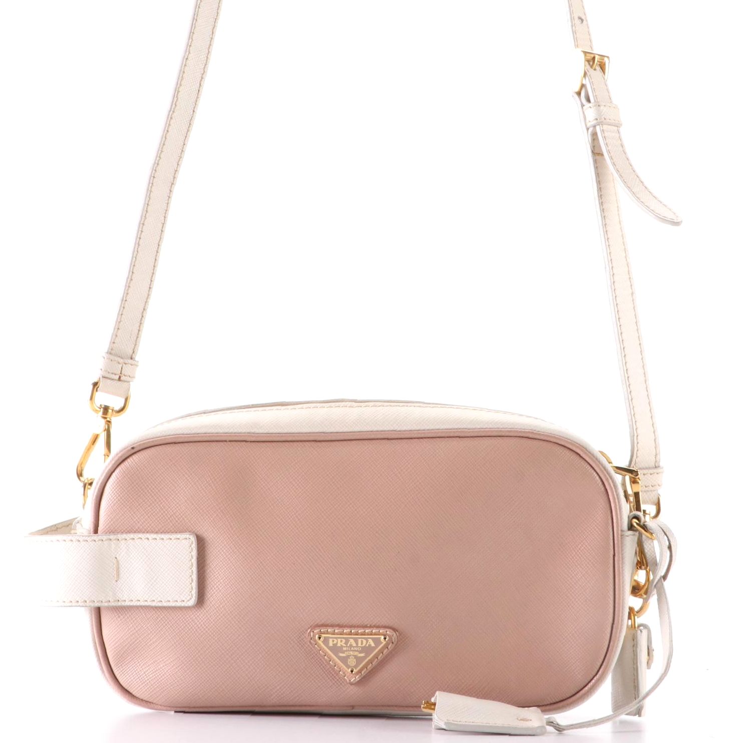 Prada Small Zip Crossbody Bag in Bicolor Saffiano Leather