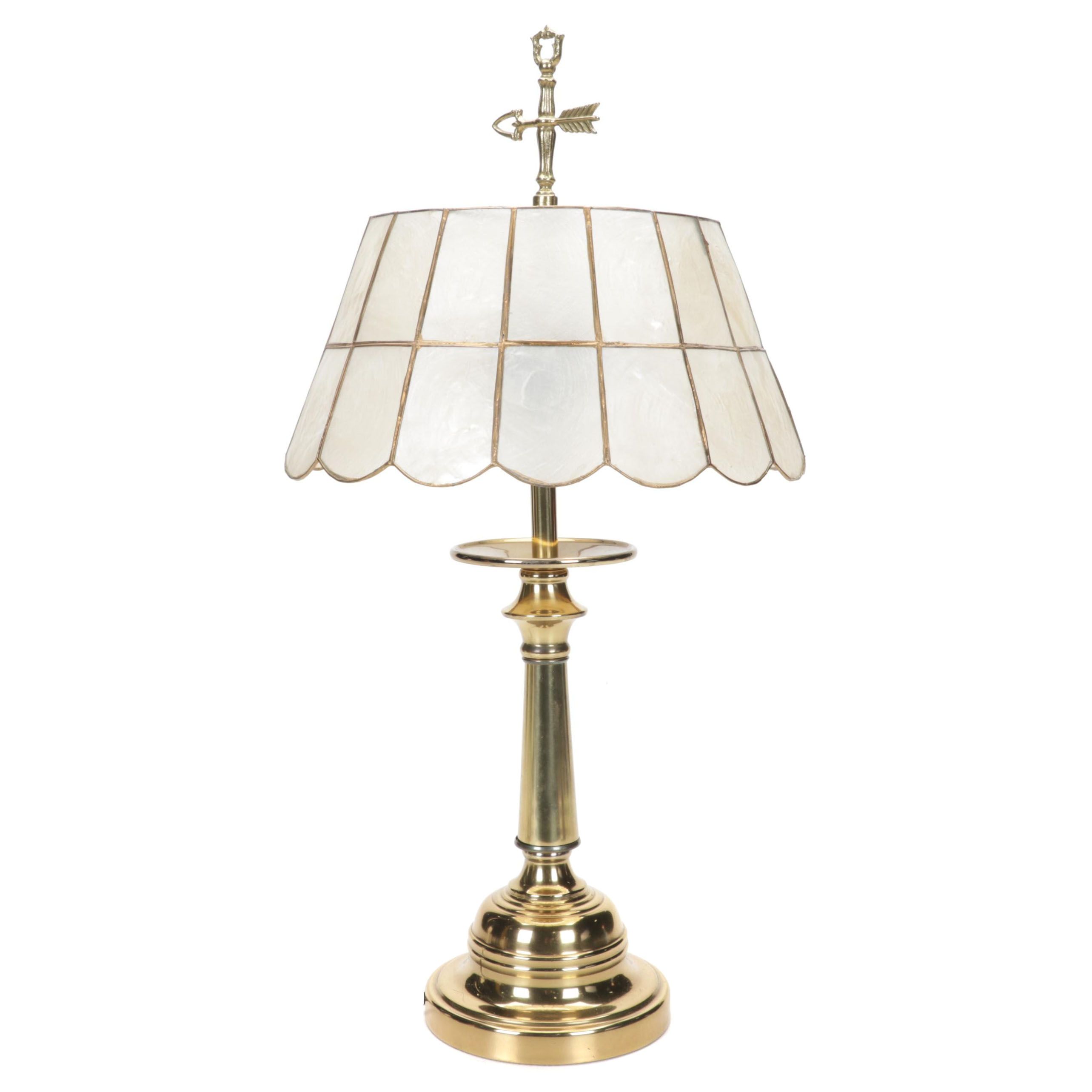 Brass Table Lamp with Capiz Shell Shade, Mid-20th Century