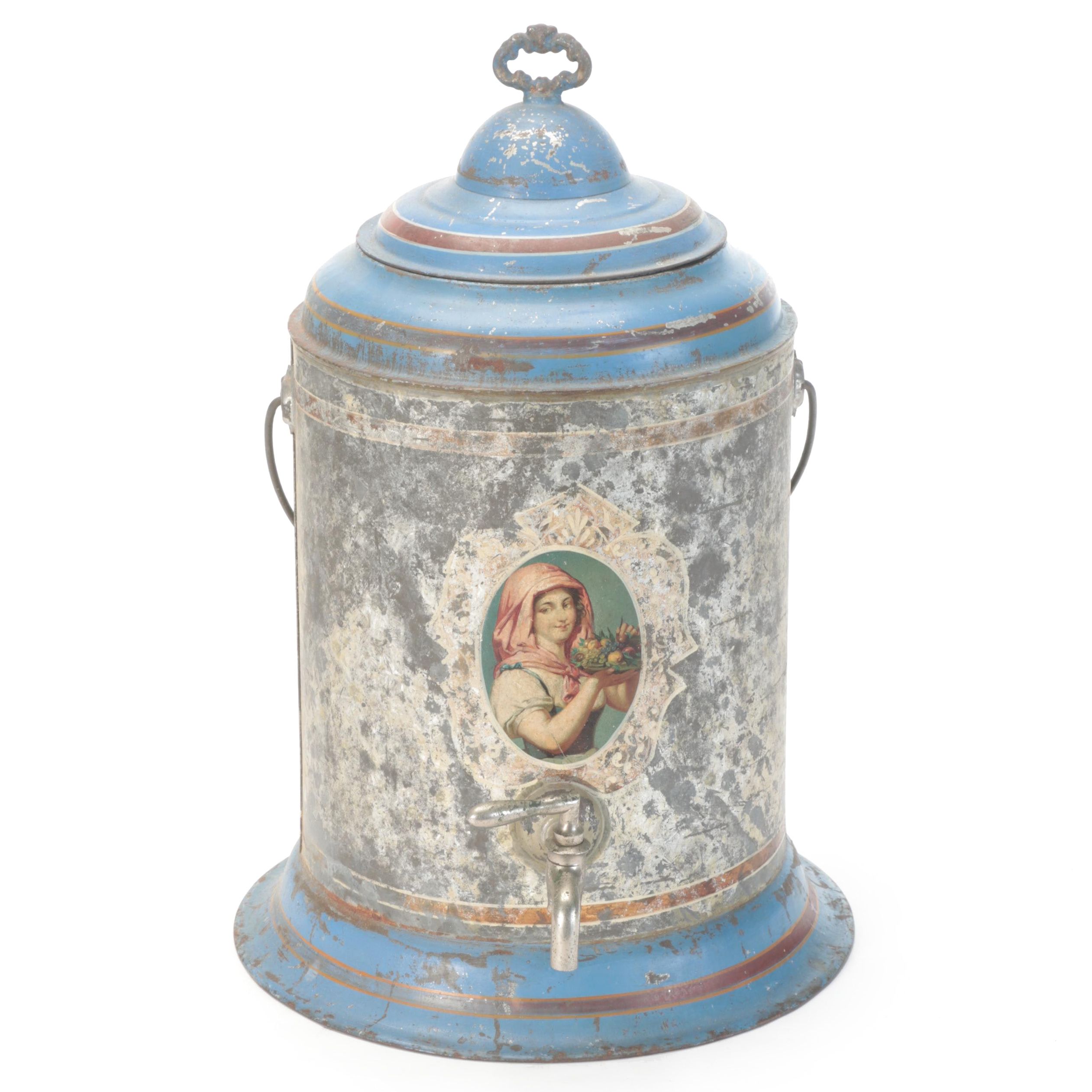 Victorian Tole Water Cooler with Transfer Decoration, Late 19th Century