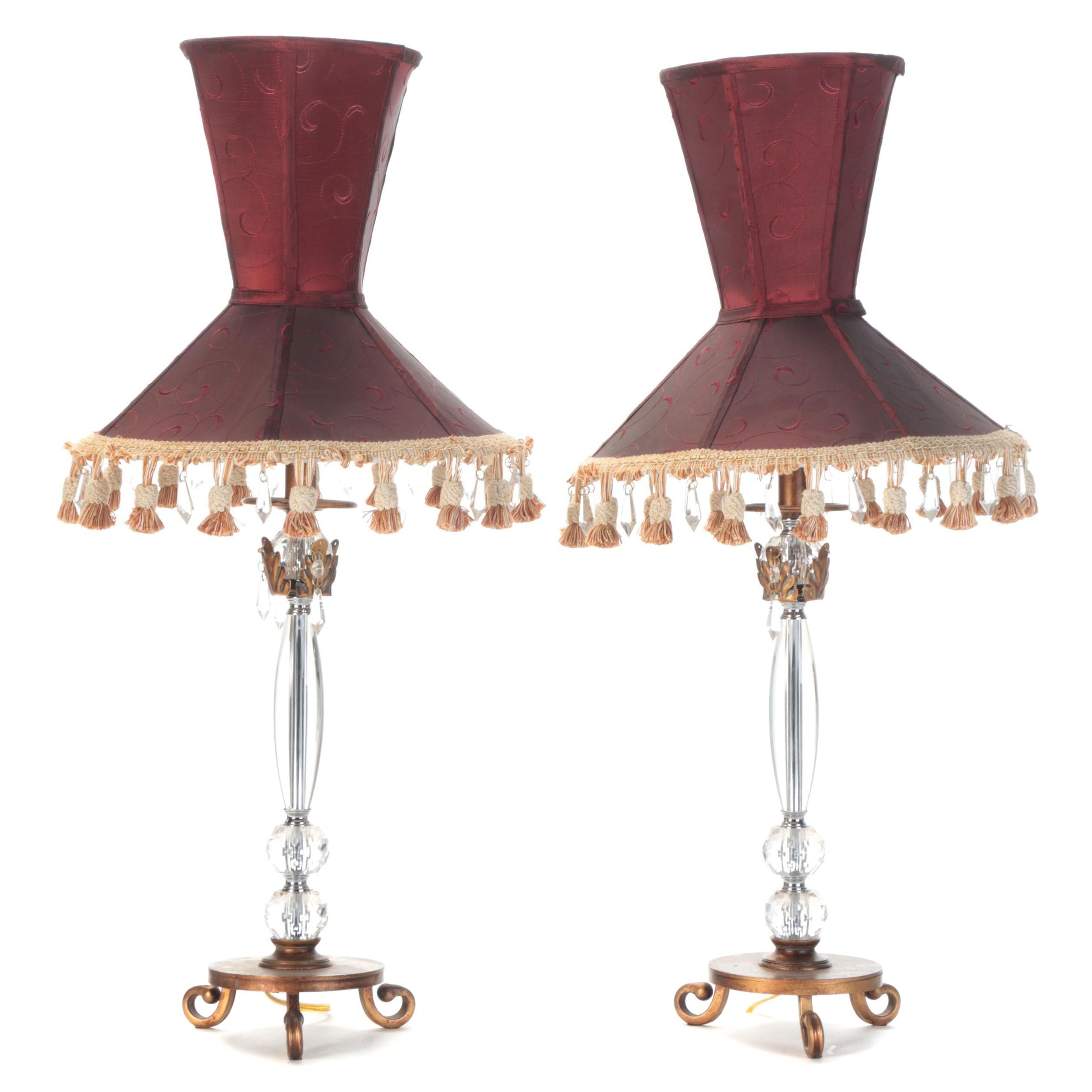 Pair of Stacked Glass and Gilt Metal Buffet Lamps With Victorian Style Shades