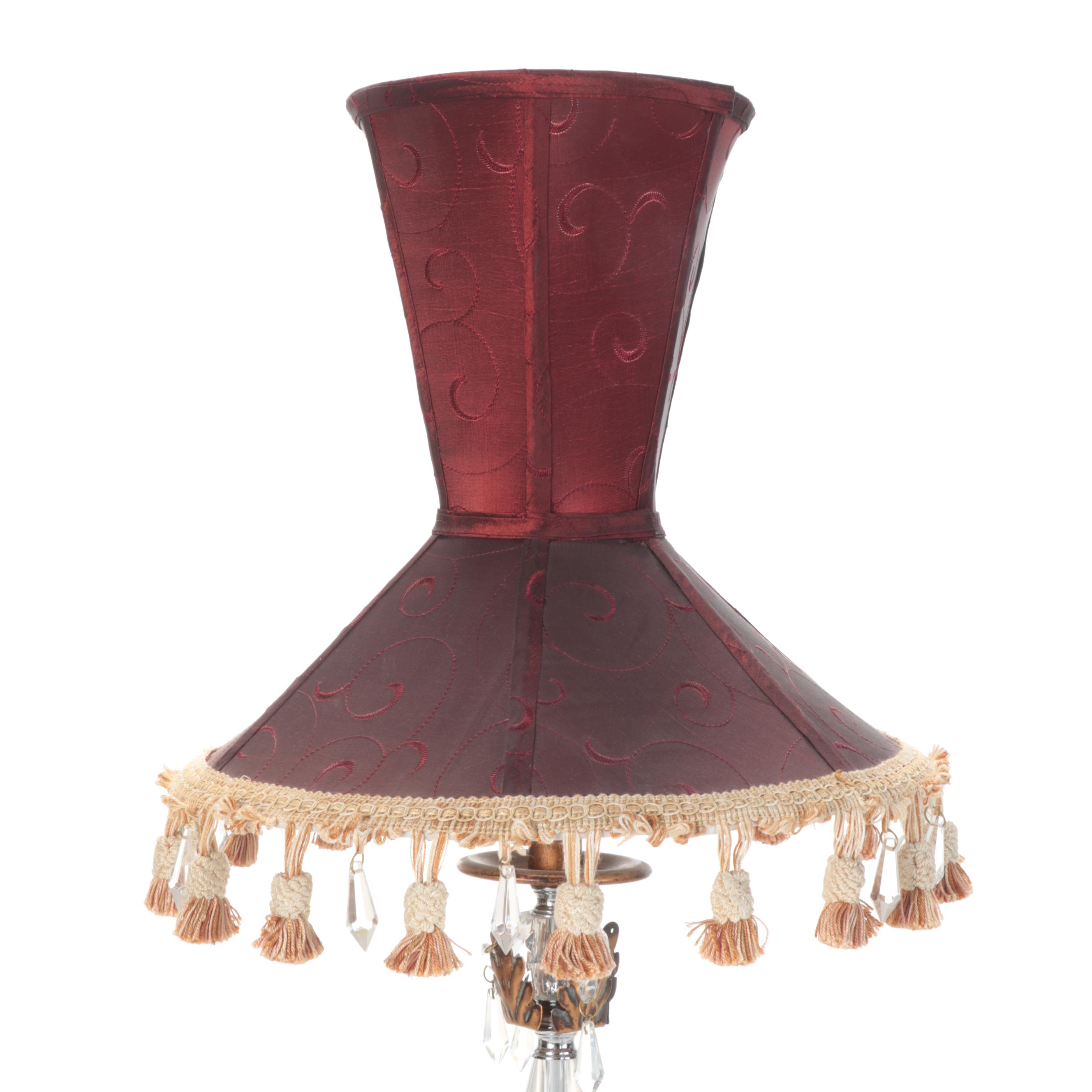 Pair of Stacked Glass and Gilt Metal Buffet Lamps With Victorian Style Shades