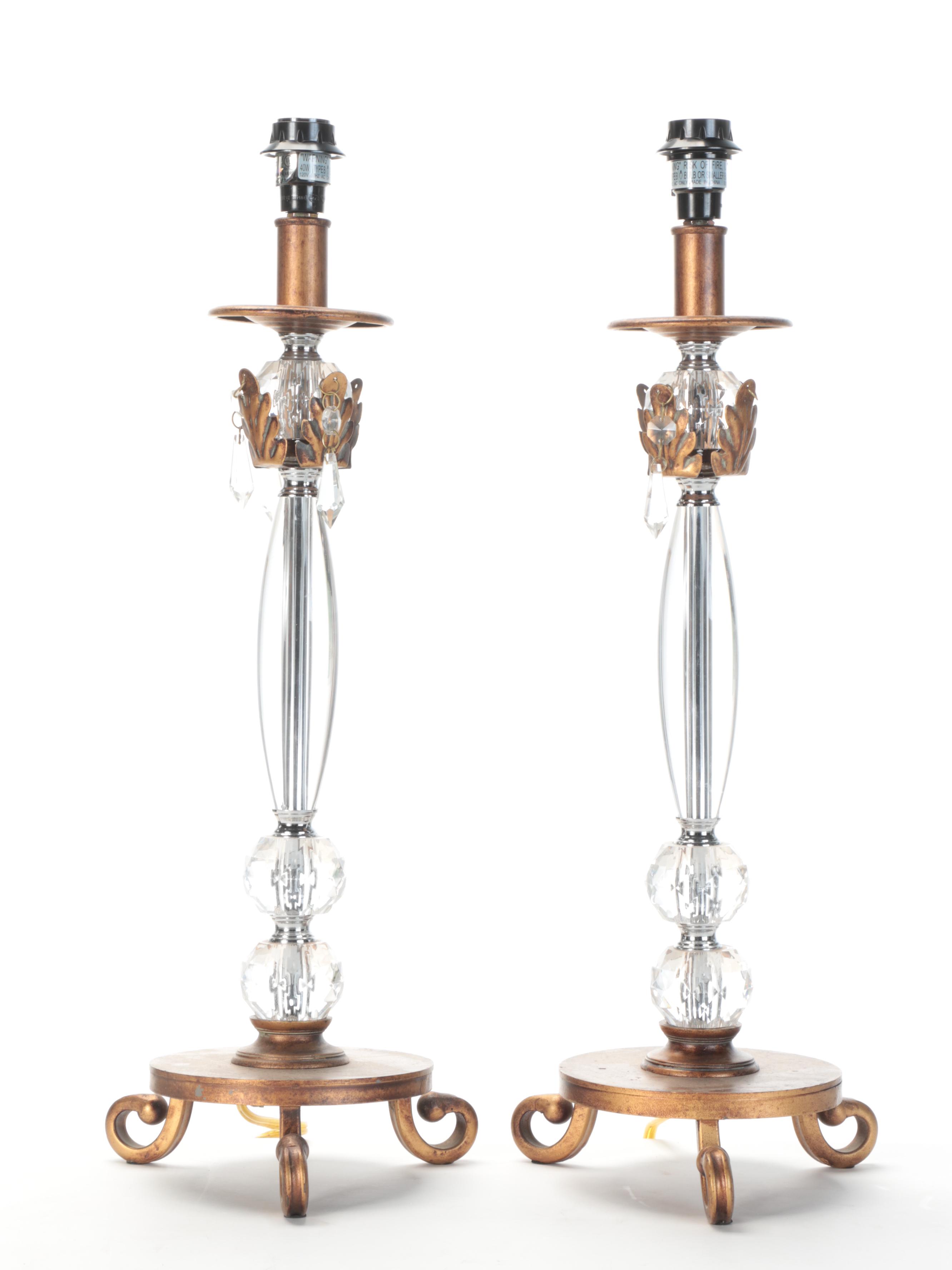 Pair of Stacked Glass and Gilt Metal Buffet Lamps With Victorian Style Shades