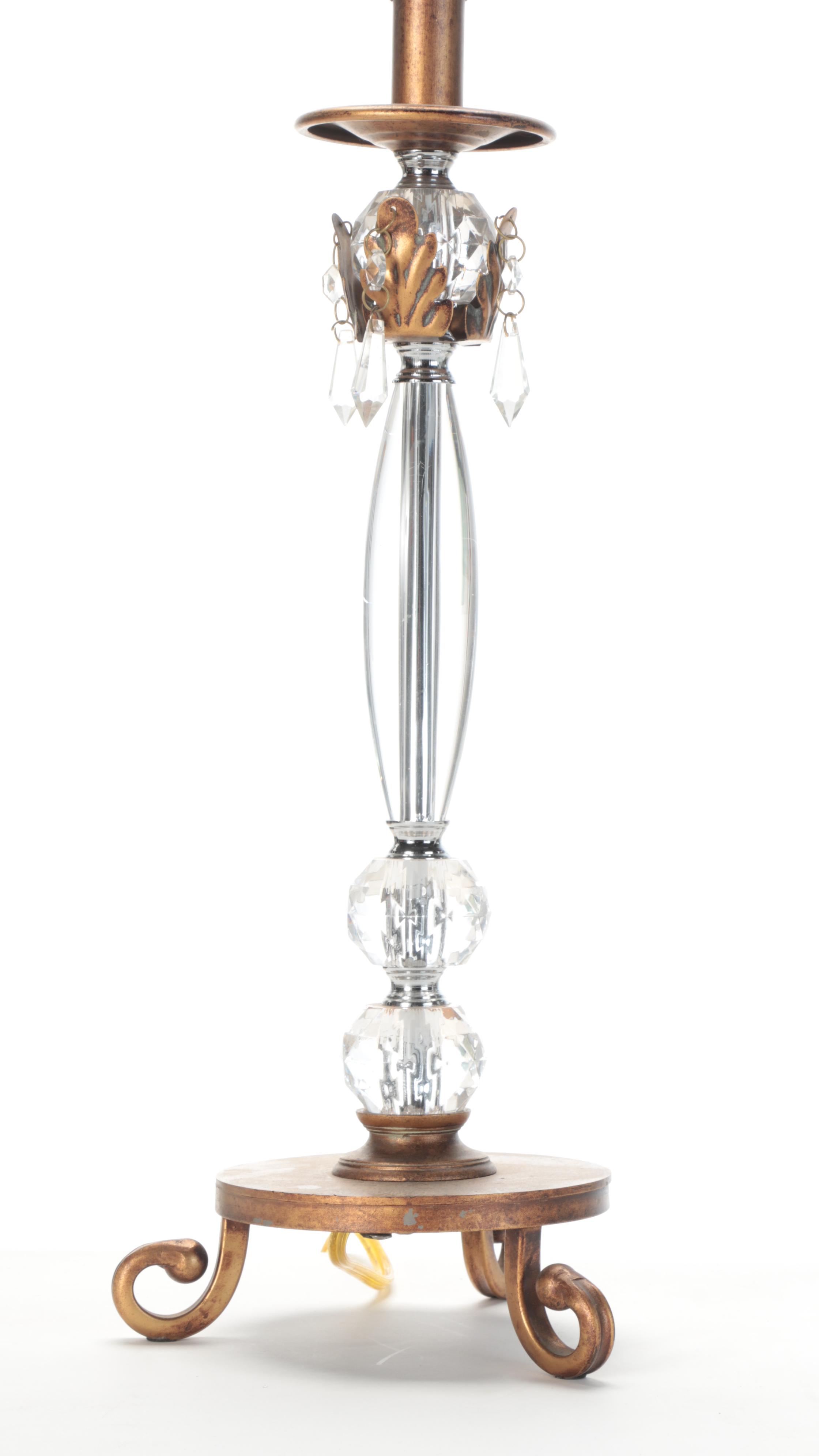 Pair of Stacked Glass and Gilt Metal Buffet Lamps With Victorian Style Shades