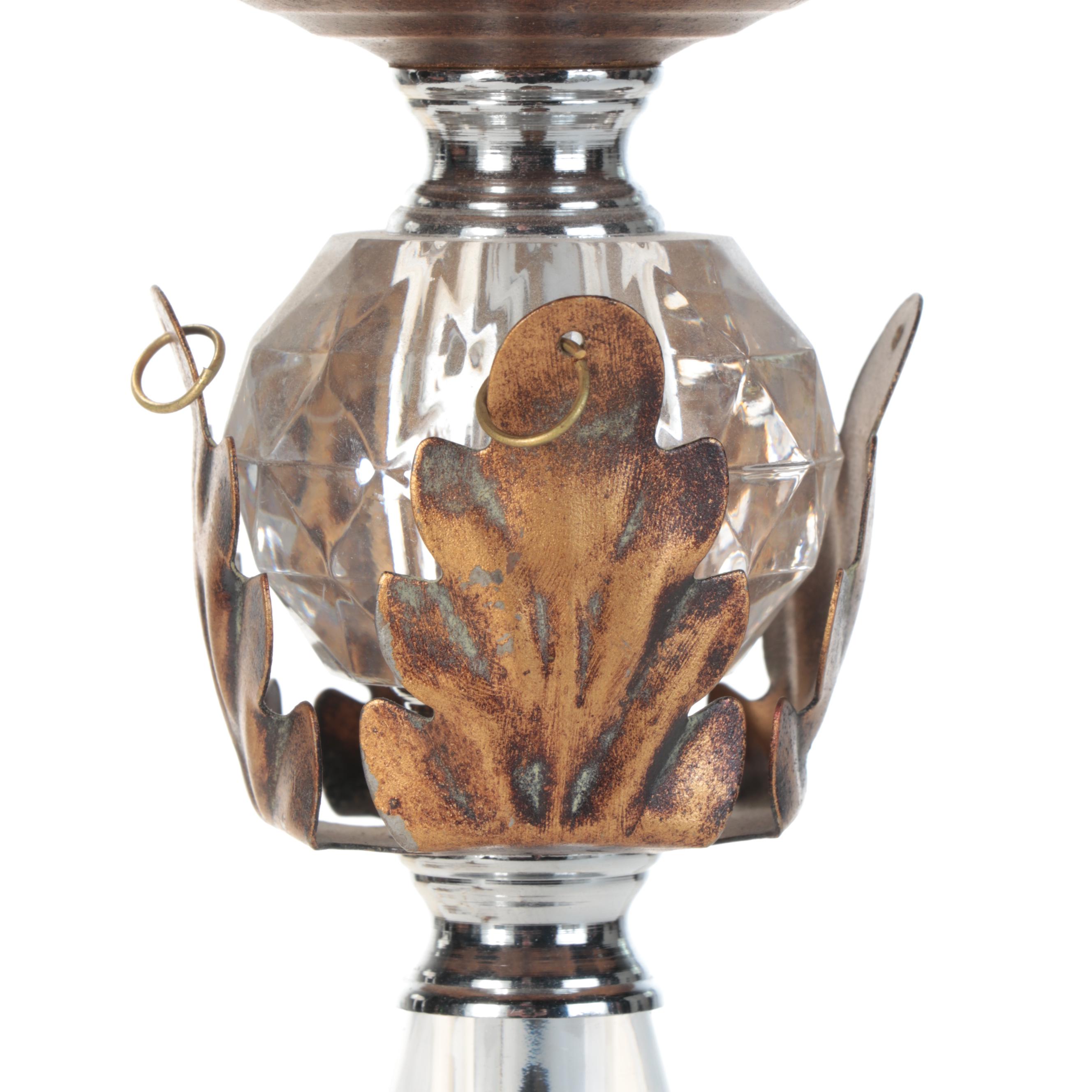 Pair of Stacked Glass and Gilt Metal Buffet Lamps With Victorian Style Shades