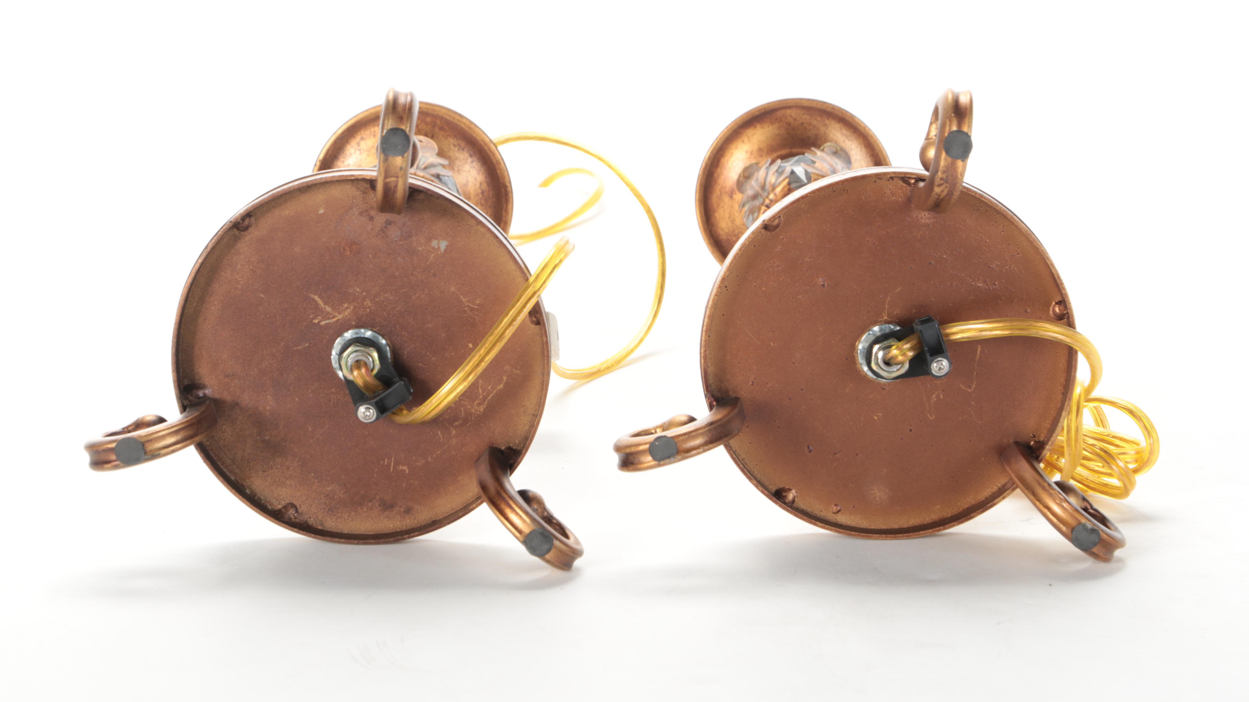 Pair of Stacked Glass and Gilt Metal Buffet Lamps With Victorian Style Shades