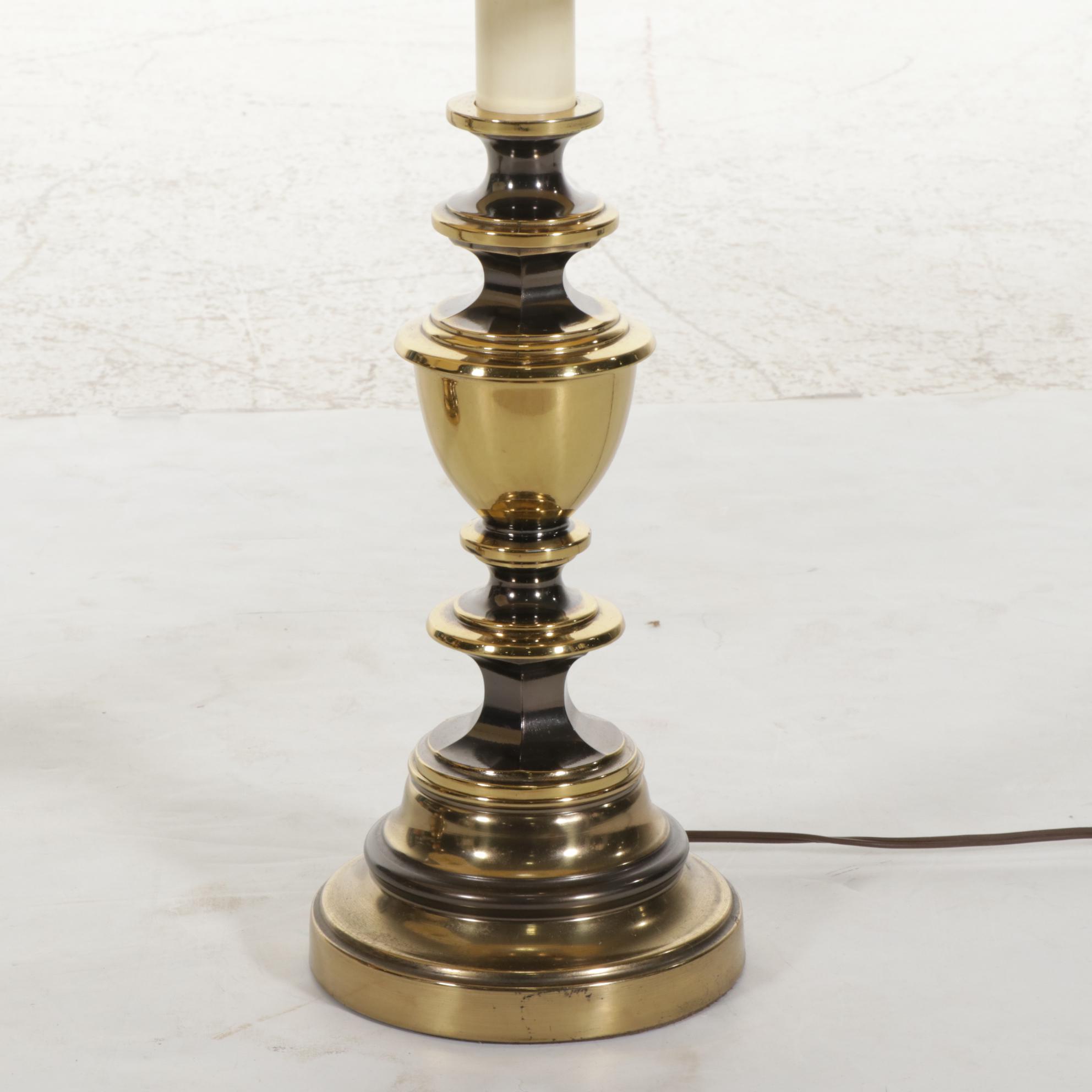 Pair of Brass Table Lamps With Drum Shades, Mid-20th Century