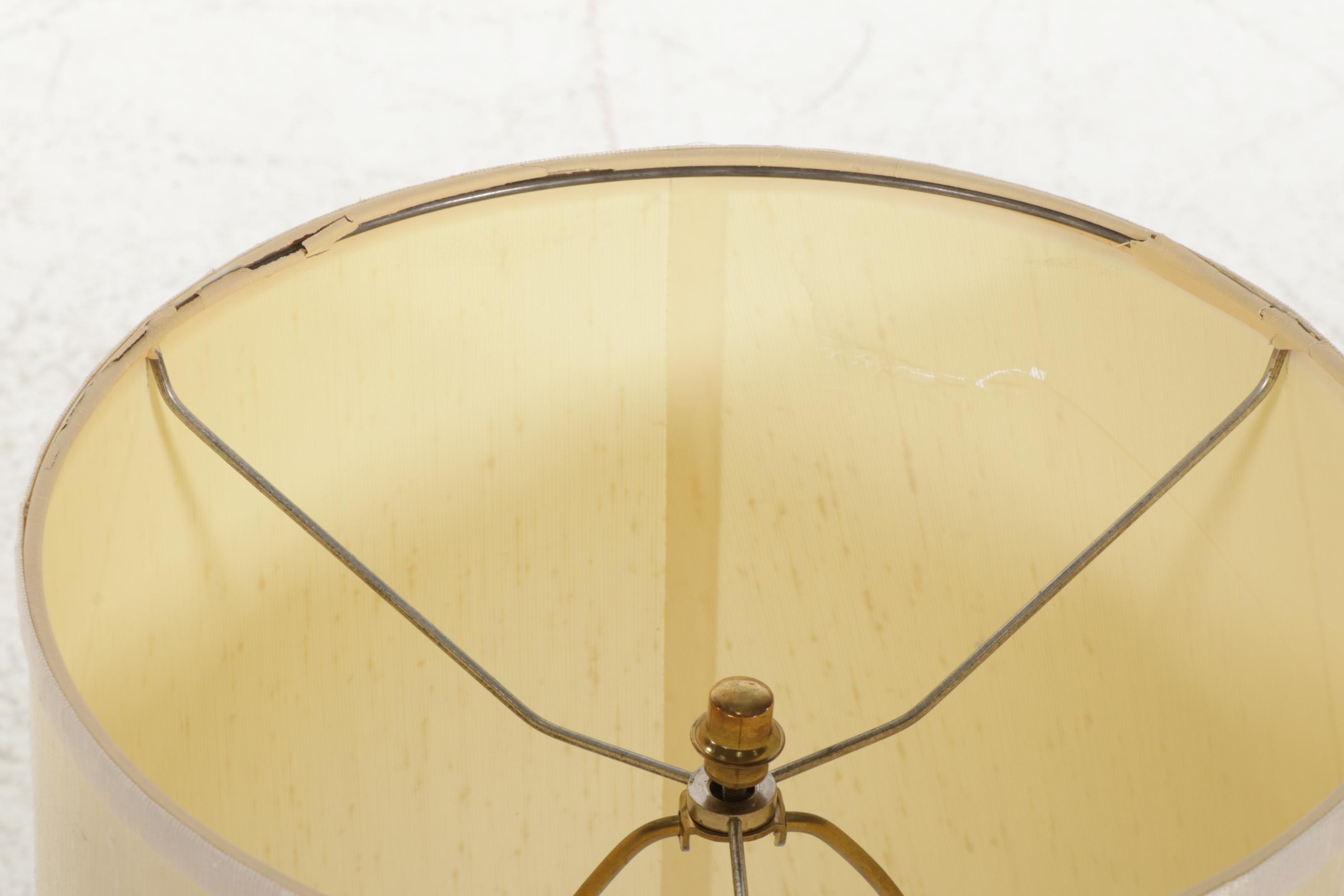 Pair of Brass Table Lamps With Drum Shades, Mid-20th Century