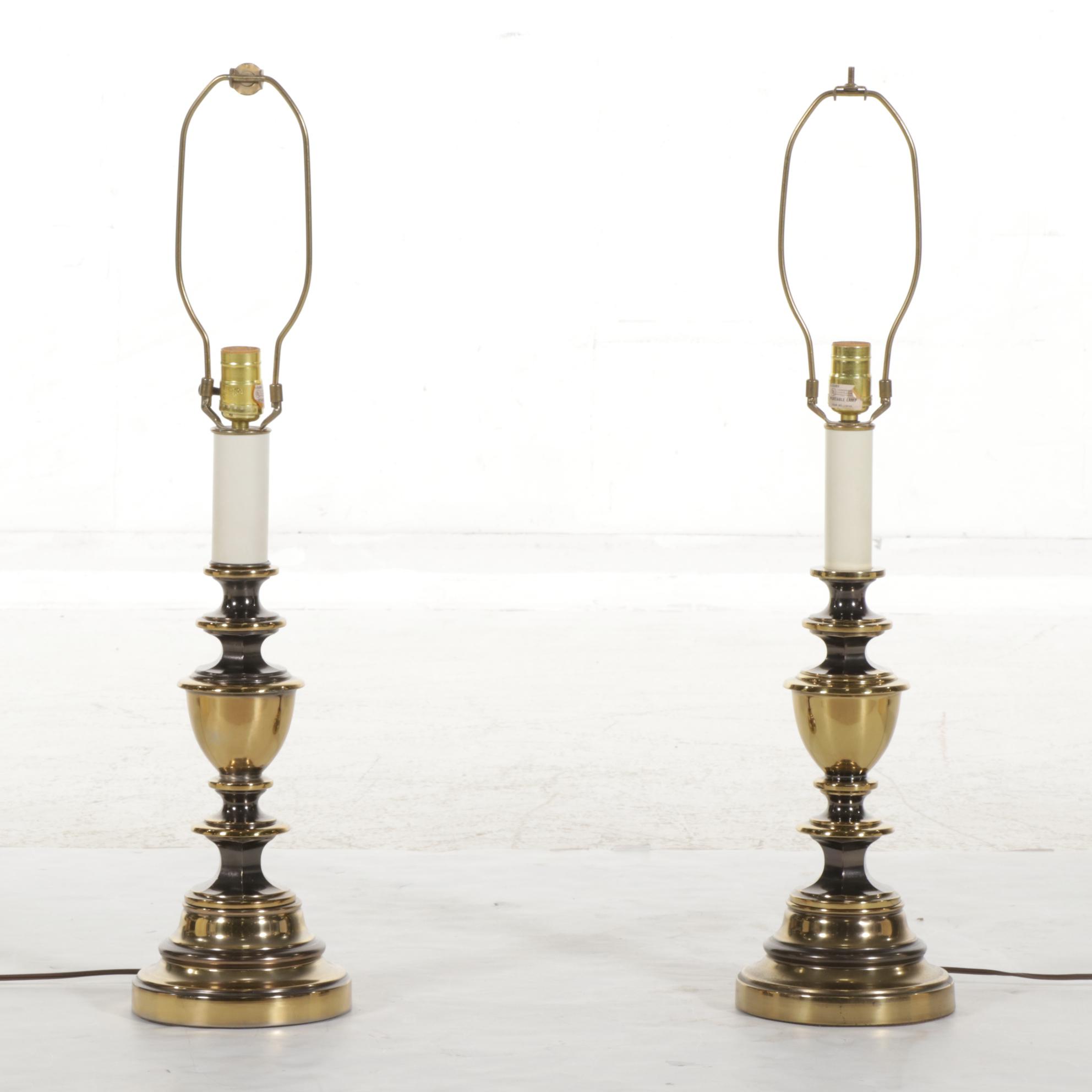 Pair of Brass Table Lamps With Drum Shades, Mid-20th Century