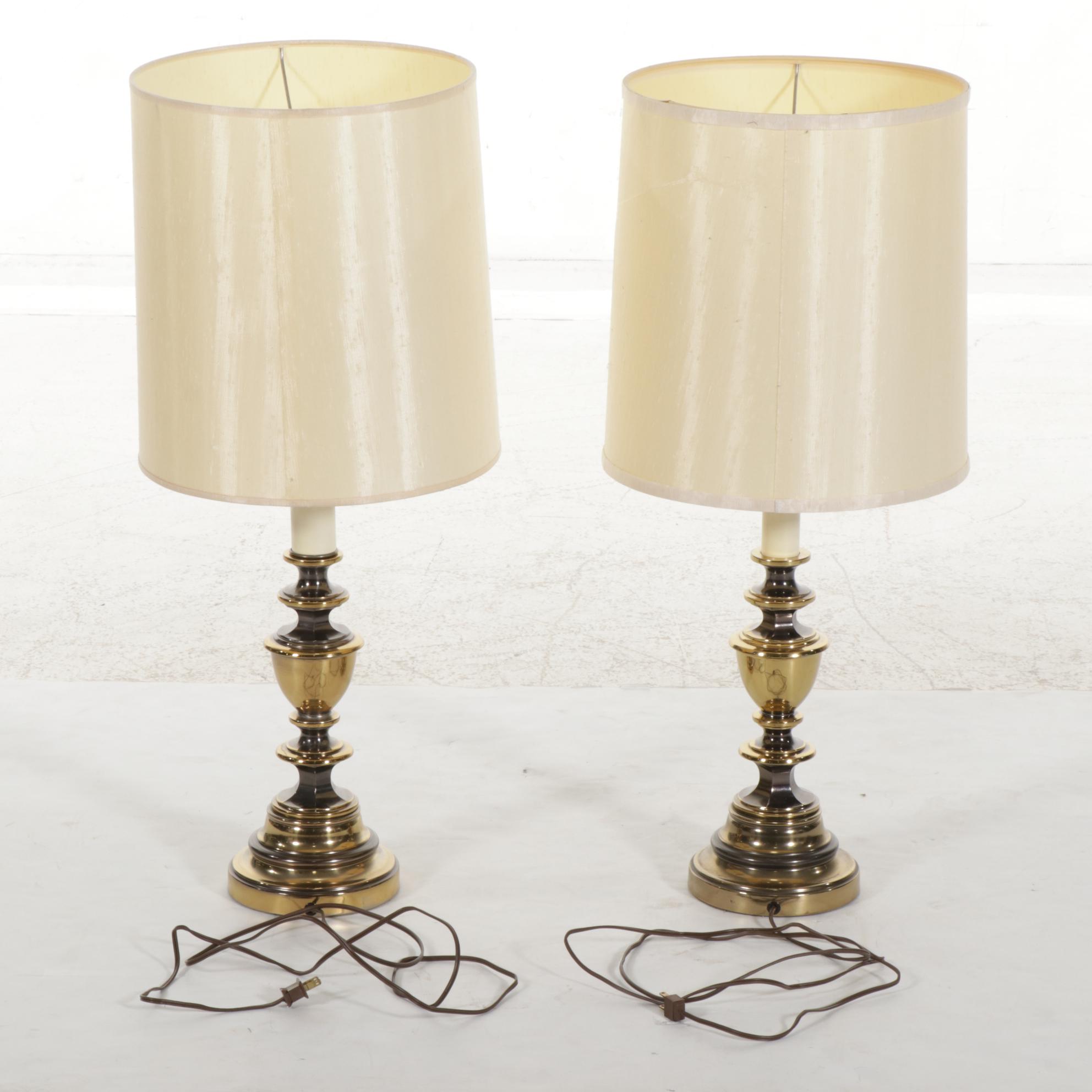 Pair of Brass Table Lamps With Drum Shades, Mid-20th Century