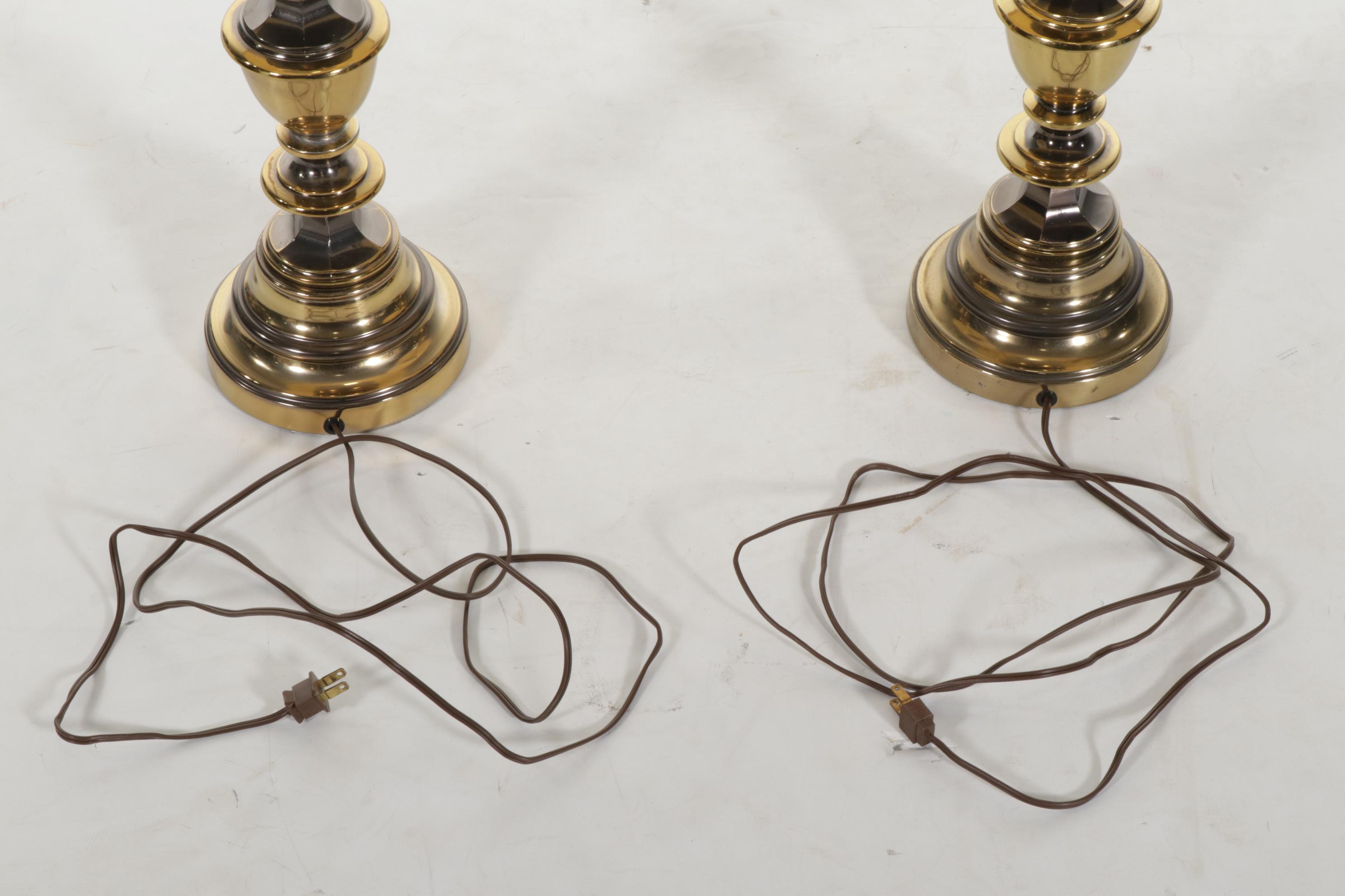 Pair of Brass Table Lamps With Drum Shades, Mid-20th Century