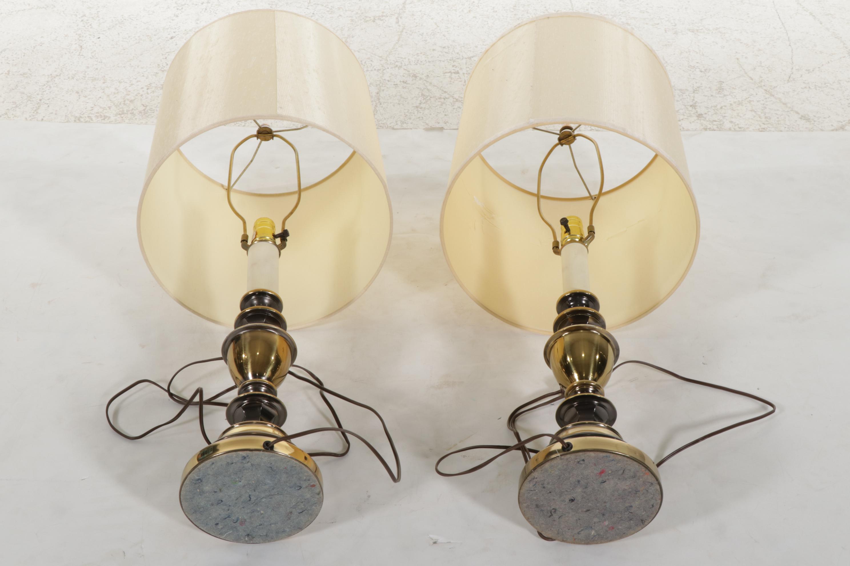 Pair of Brass Table Lamps With Drum Shades, Mid-20th Century