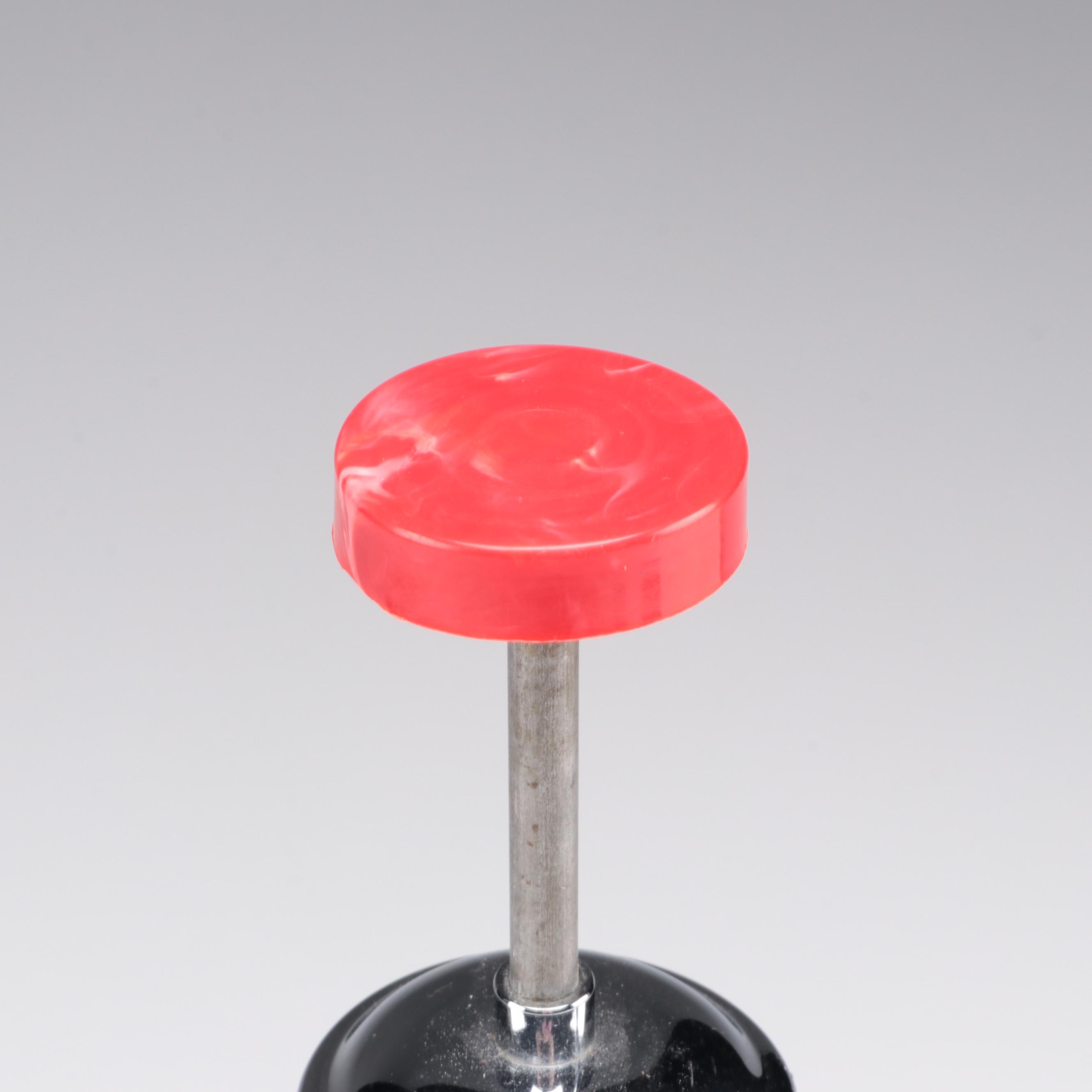 Mid Century Modern Glass and Chrome Pump Decanter with Shot Glass Carousel Tray