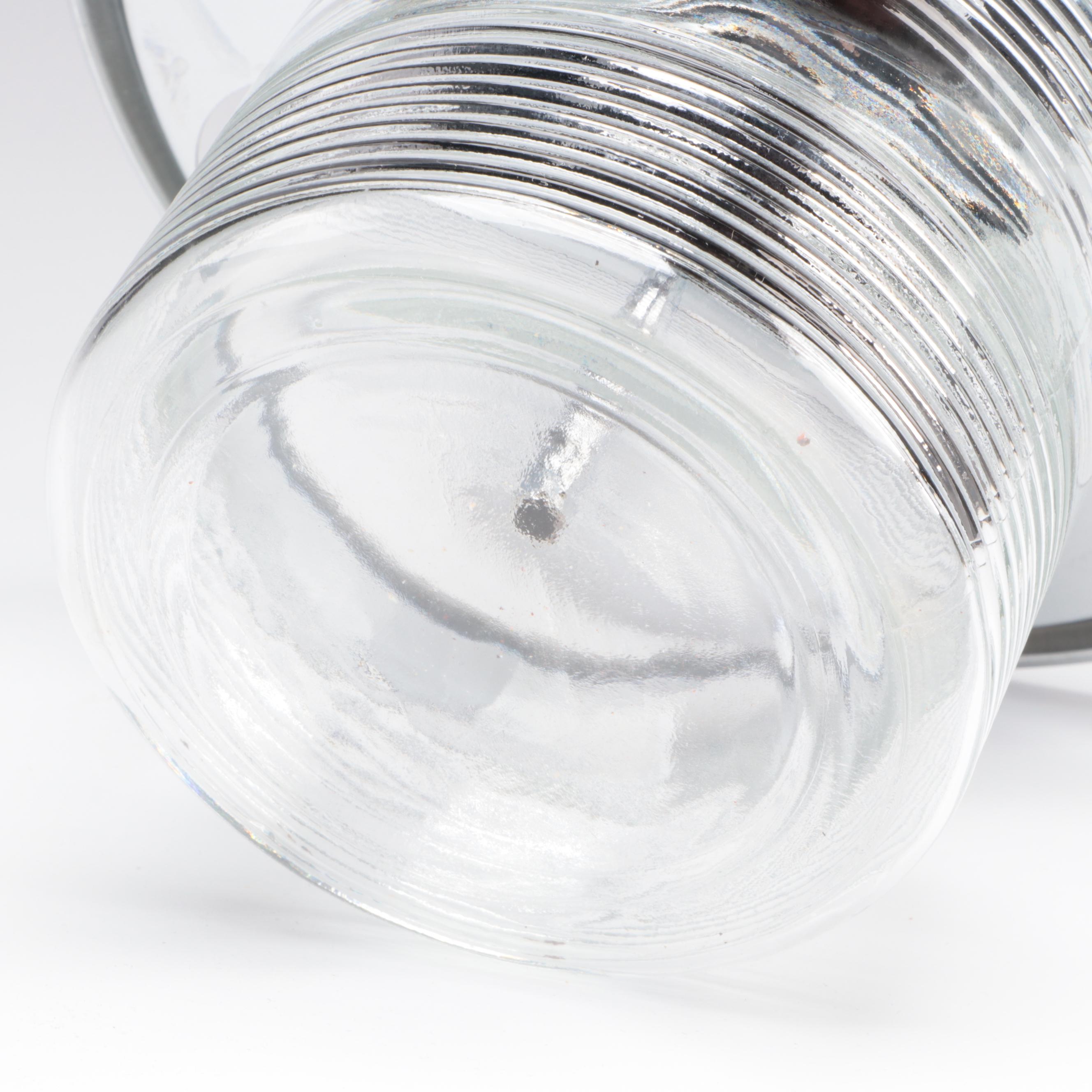 Mid Century Modern Glass and Chrome Pump Decanter with Shot Glass Carousel Tray