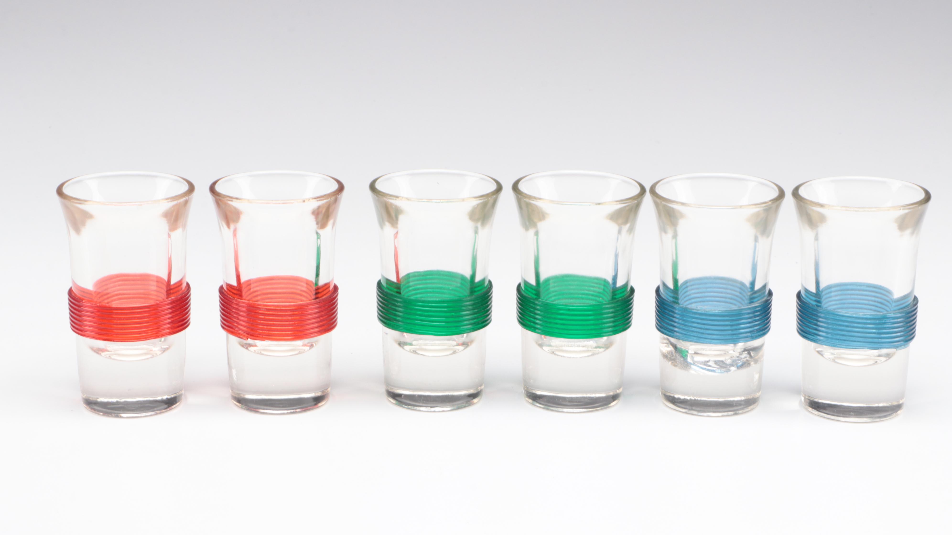 Mid Century Modern Glass and Chrome Pump Decanter with Shot Glass Carousel Tray