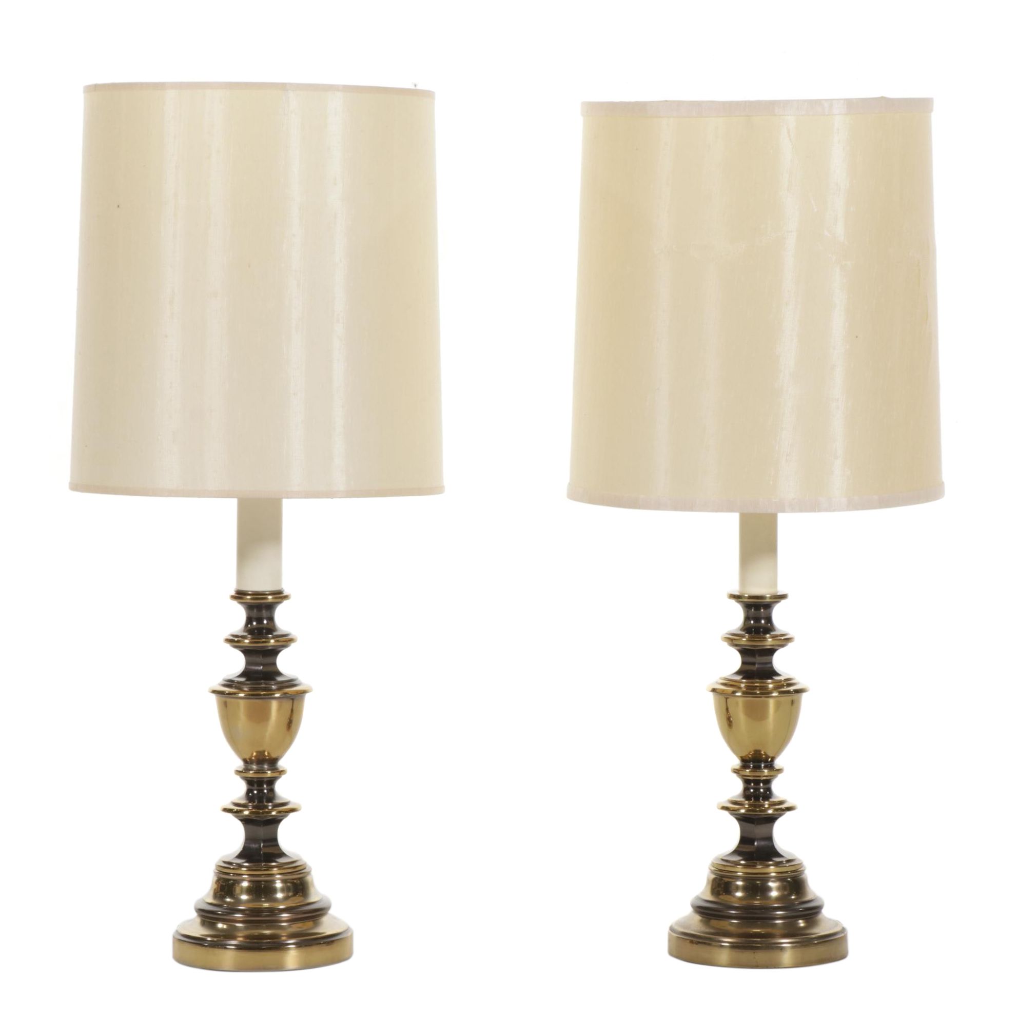 Pair of Brass Table Lamps With Drum Shades, Mid-20th Century