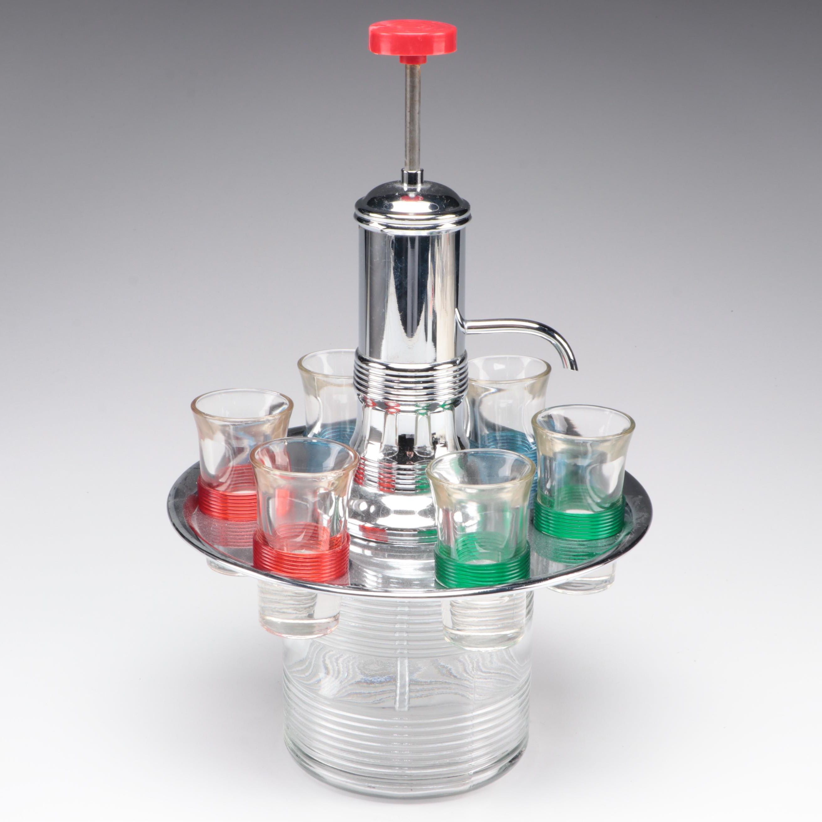 Mid Century Modern Glass and Chrome Pump Decanter with Shot Glass Carousel Tray