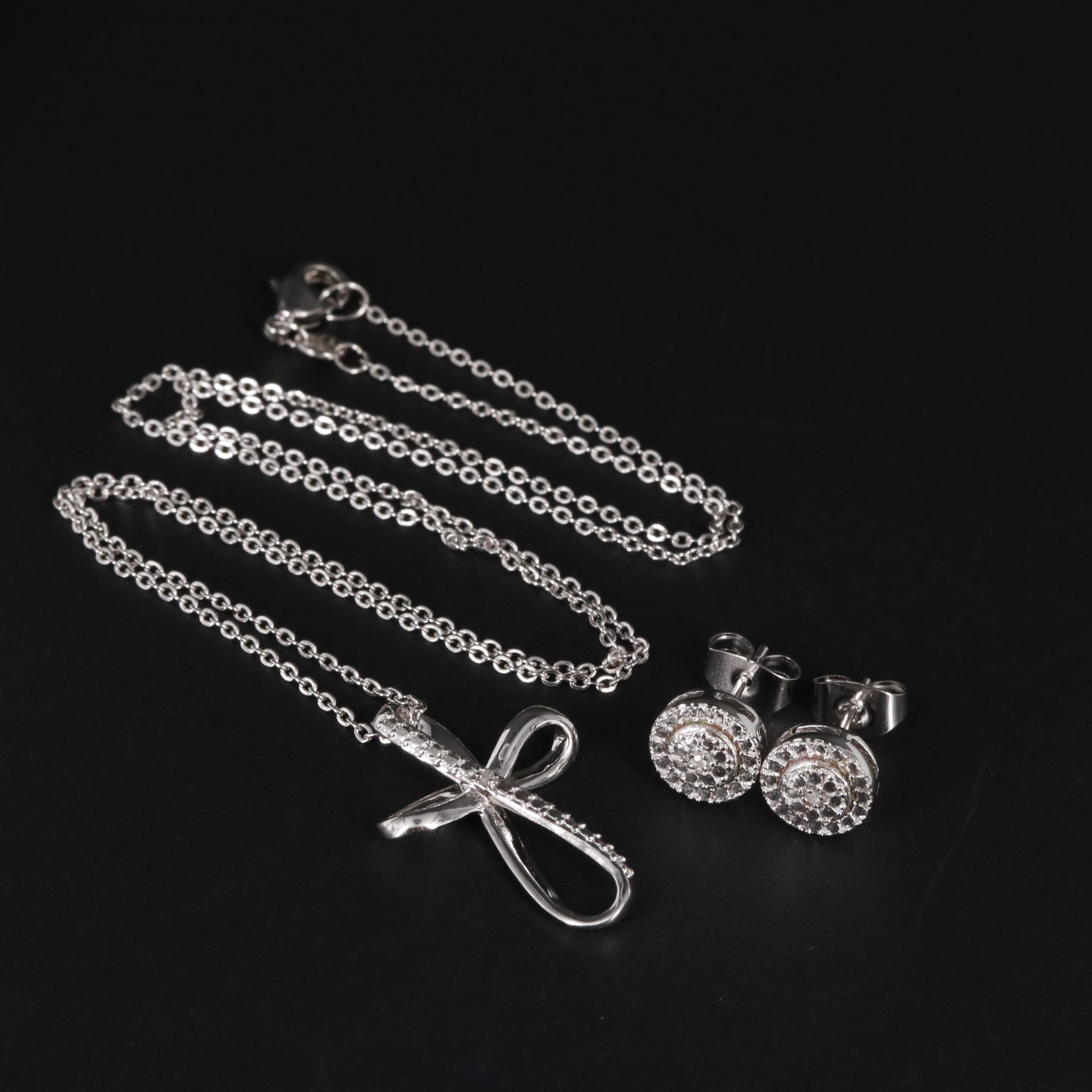 Diamond Cluster Stud Earrings and Cross Pendant Necklace Set