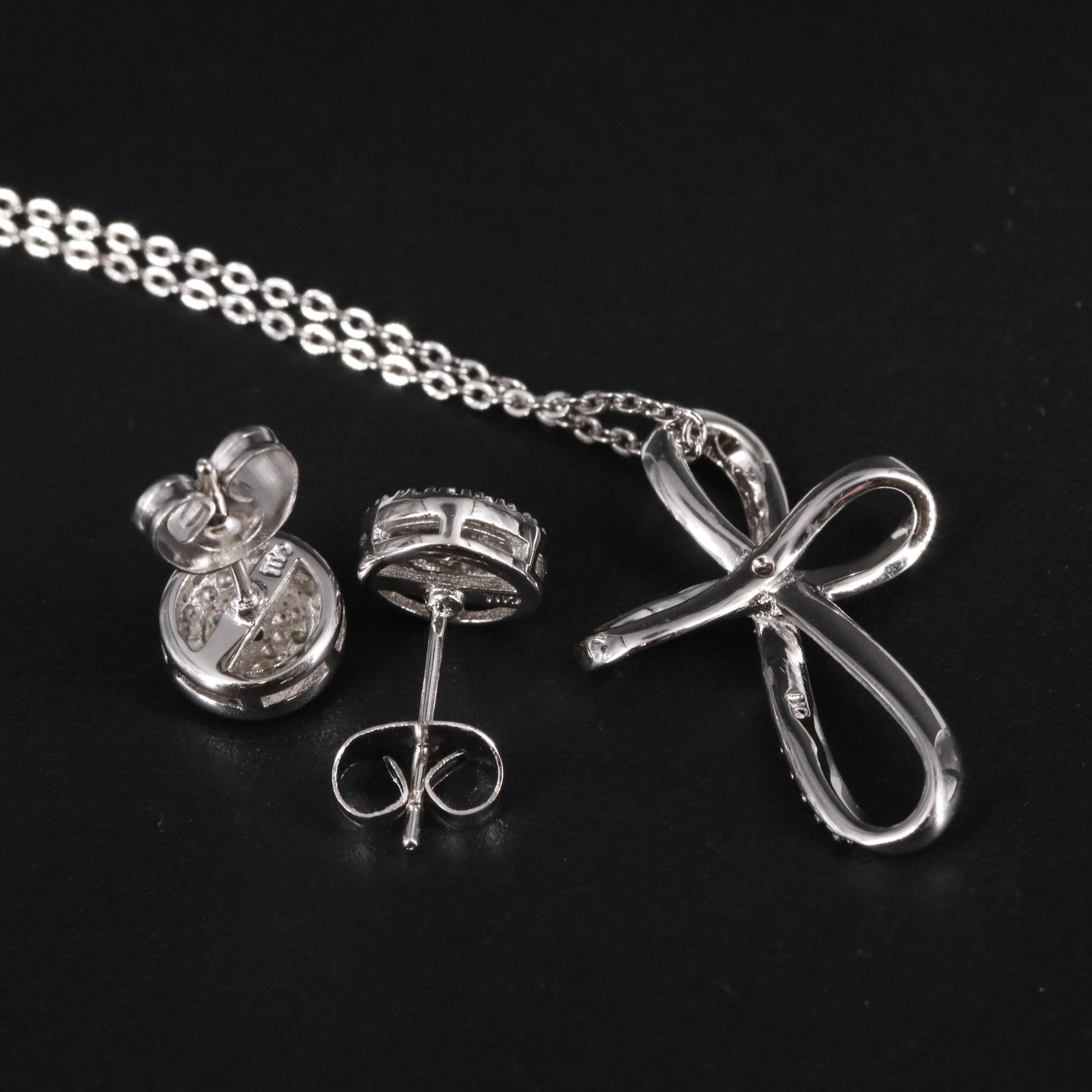 Diamond Cluster Stud Earrings and Cross Pendant Necklace Set