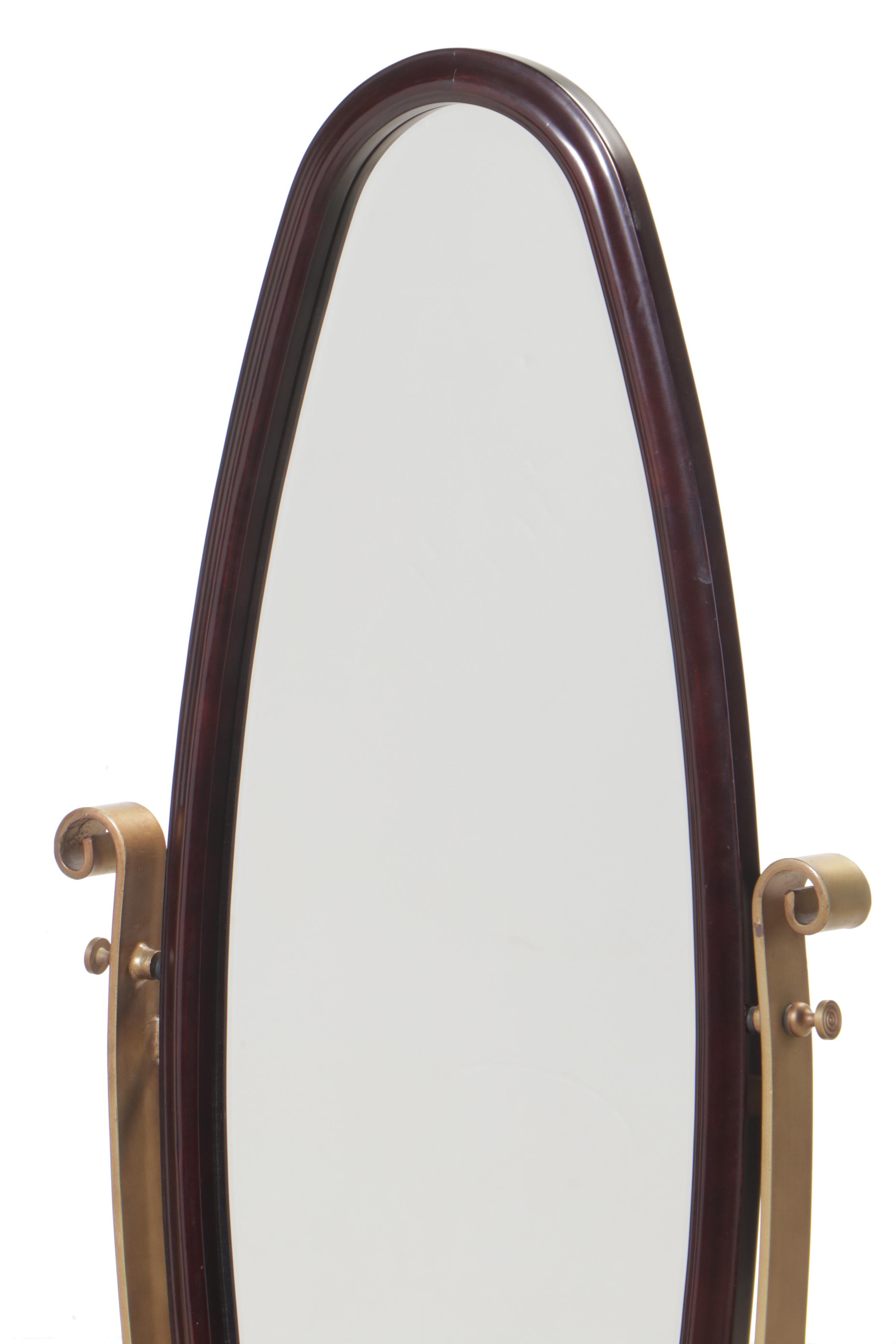 Mahogany-Stained and Brass-Patinated Metal Cheval Mirror