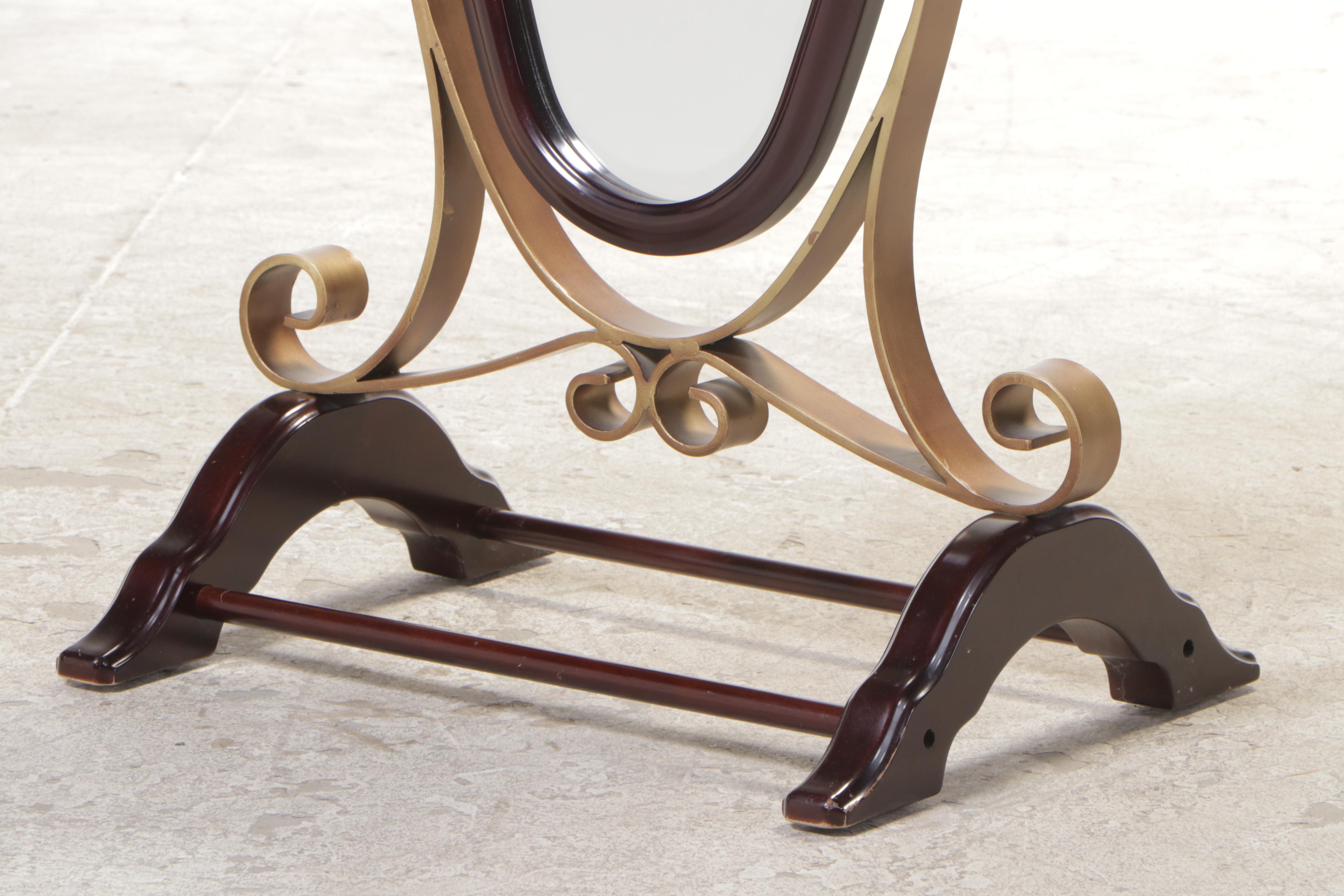 Mahogany-Stained and Brass-Patinated Metal Cheval Mirror