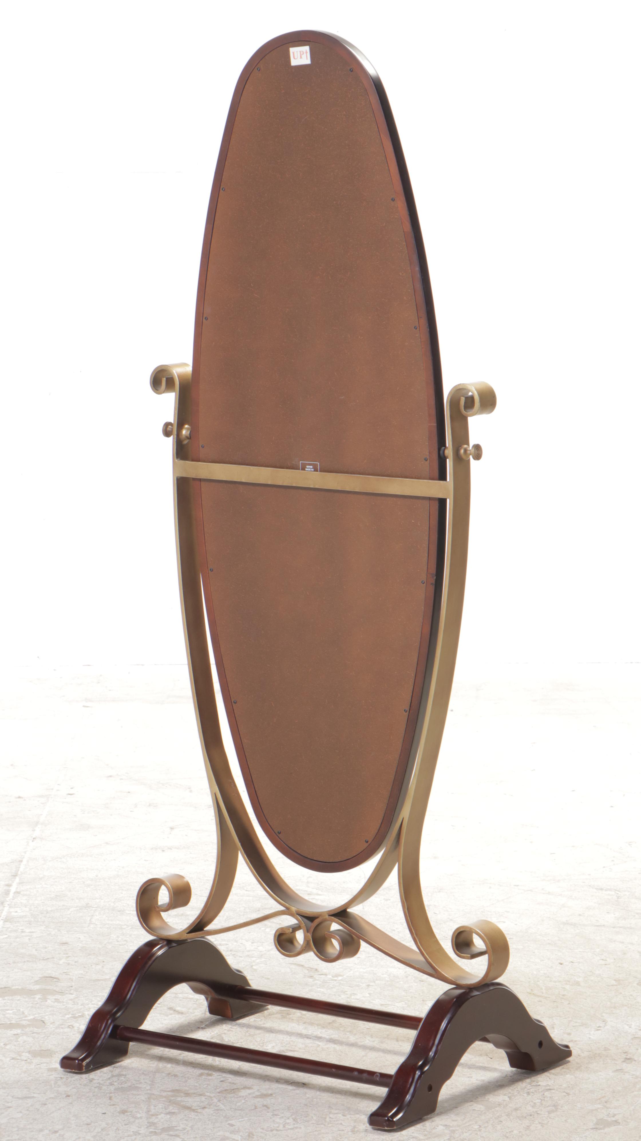 Mahogany-Stained and Brass-Patinated Metal Cheval Mirror