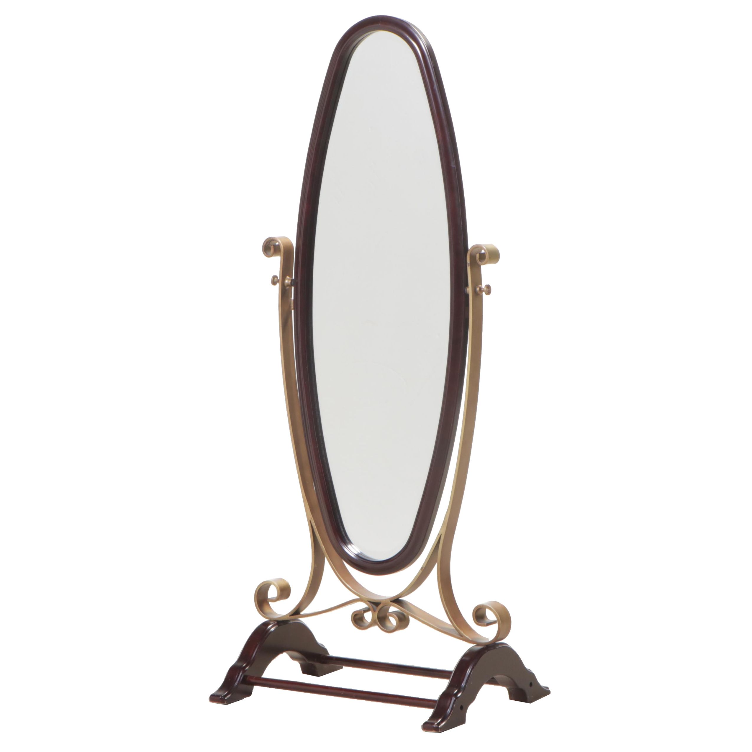 Mahogany-Stained and Brass-Patinated Metal Cheval Mirror