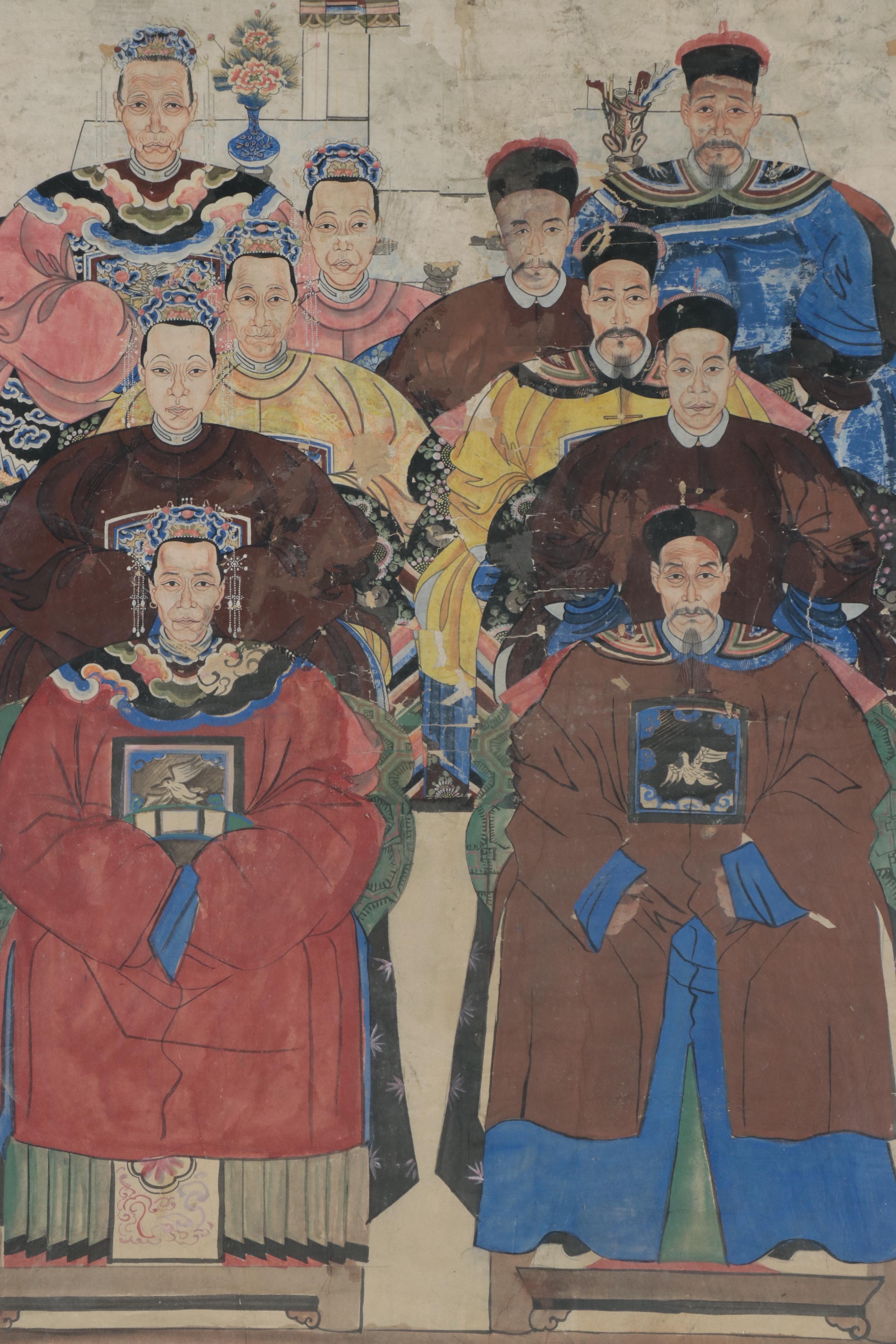 Chinese Ancestral Group Portrait Gouache Painting