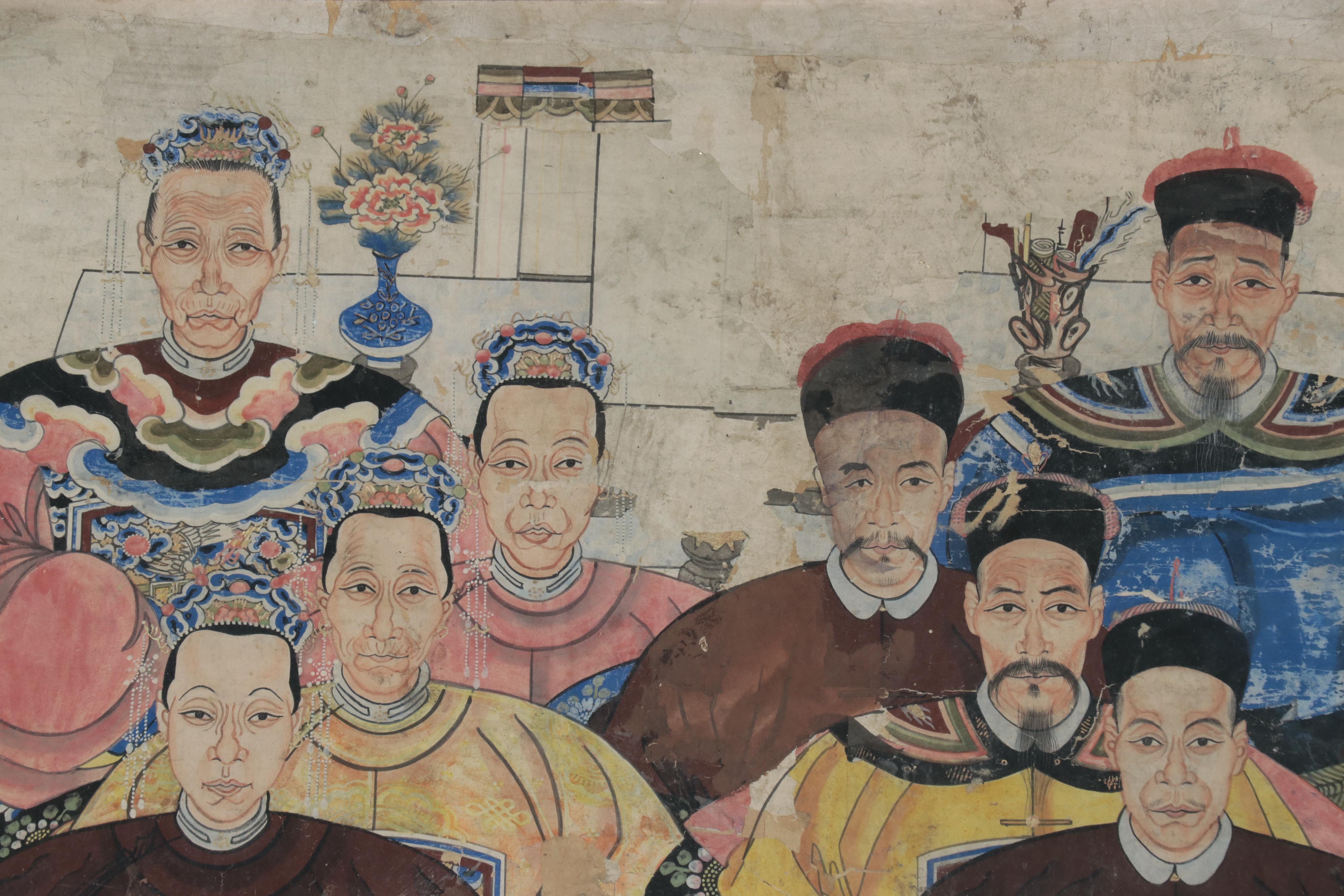 Chinese Ancestral Group Portrait Gouache Painting