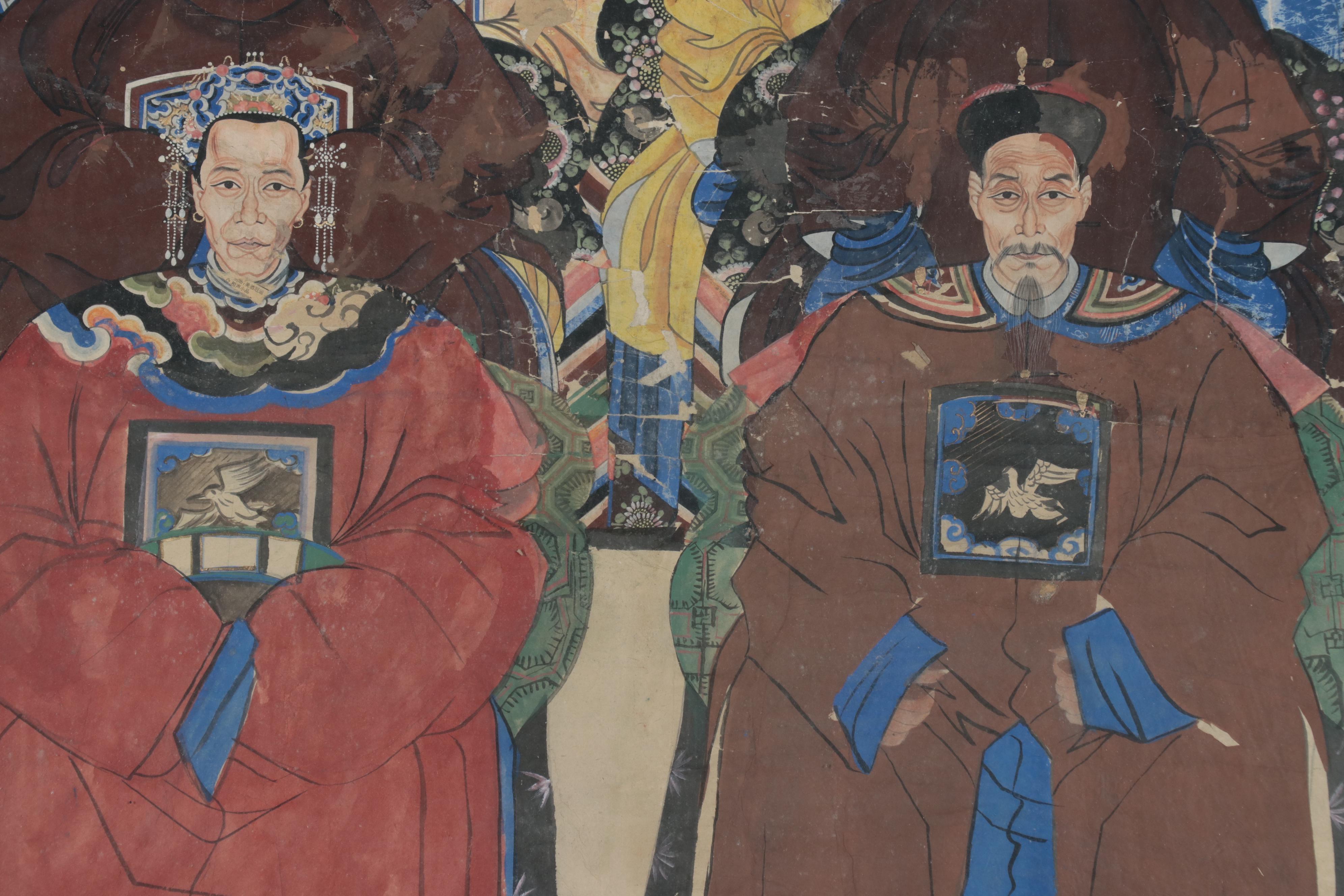 Chinese Ancestral Group Portrait Gouache Painting