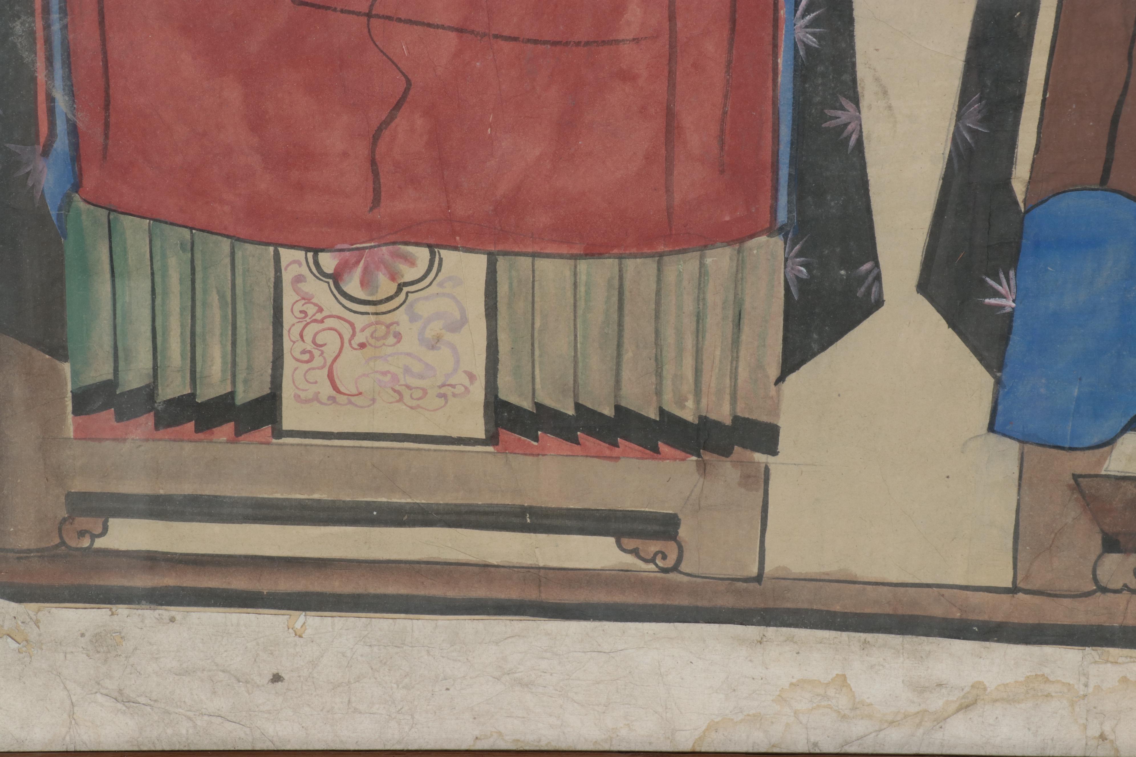 Chinese Ancestral Group Portrait Gouache Painting