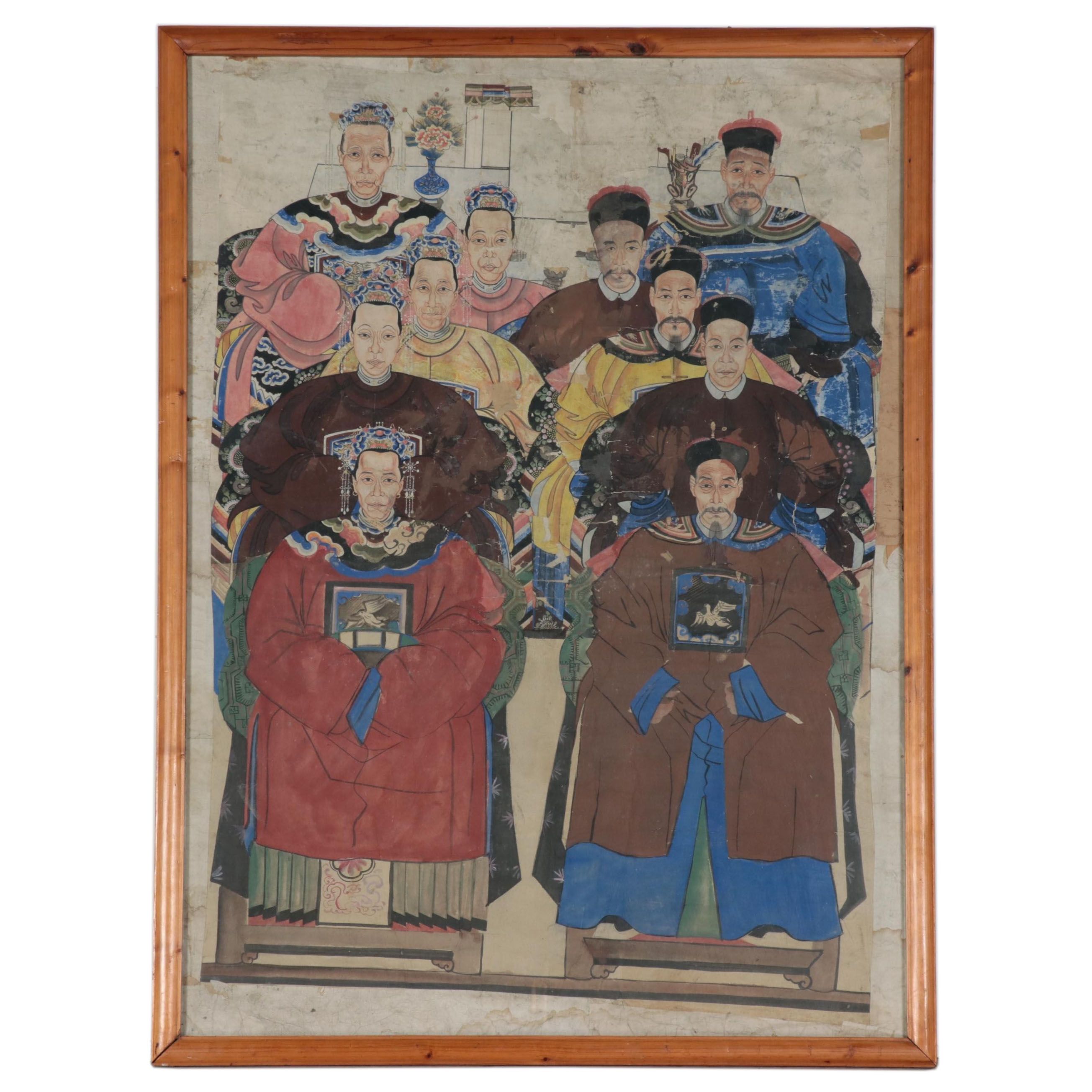 Chinese Ancestral Group Portrait Gouache Painting