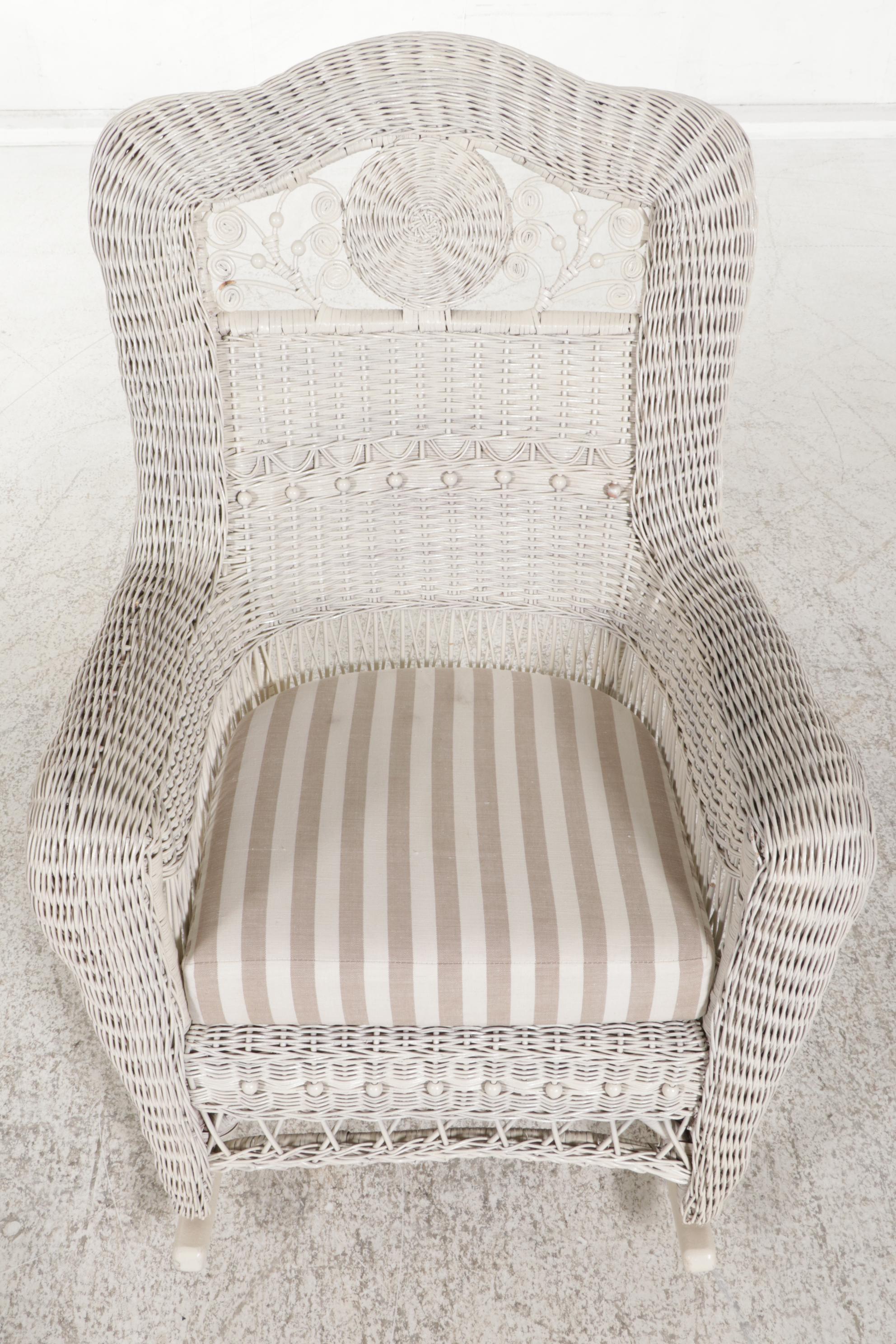 Wicker Loveseat, Armchairs and Rocker with Pottery Barn Footstools, 21st Century