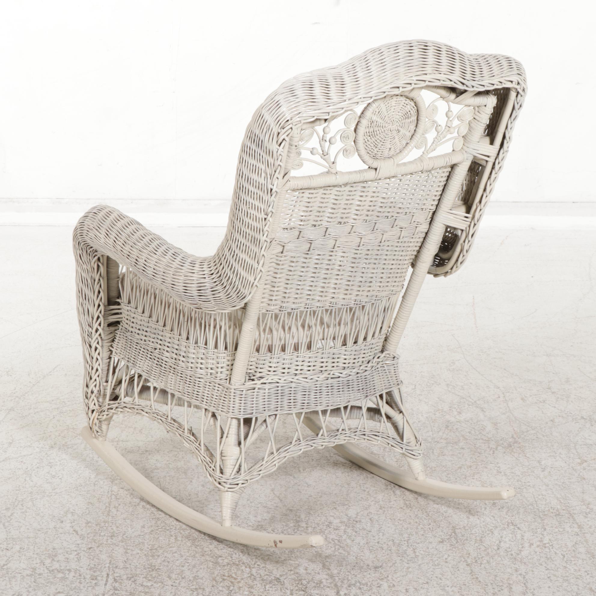 Wicker Loveseat, Armchairs and Rocker with Pottery Barn Footstools, 21st Century