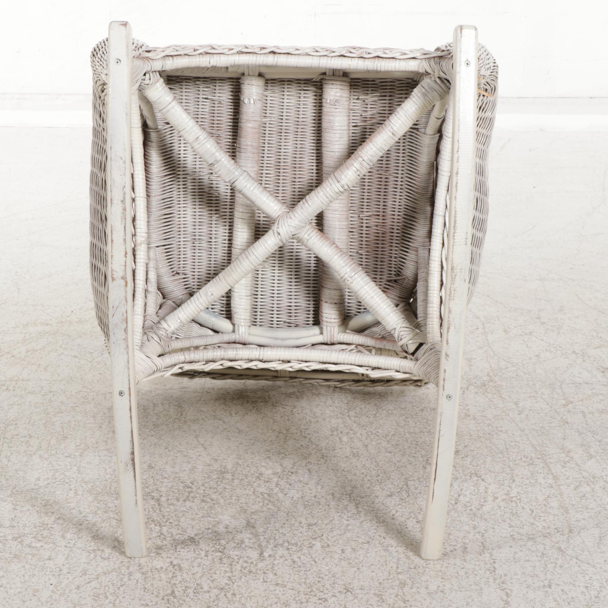 Wicker Loveseat, Armchairs and Rocker with Pottery Barn Footstools, 21st Century