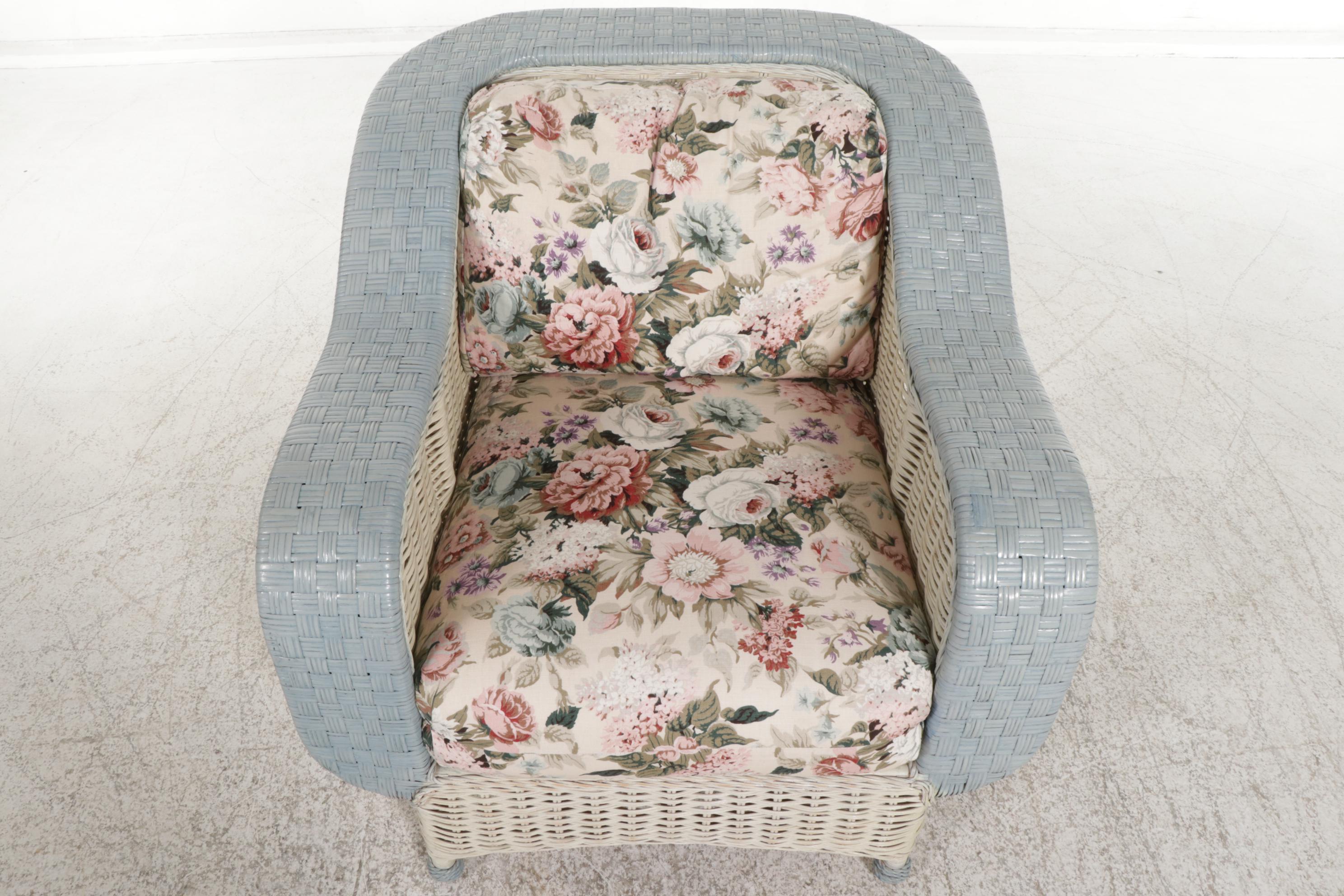 Painted Rattan Wicker Armchair With Upholstered Cushions, 21st Century