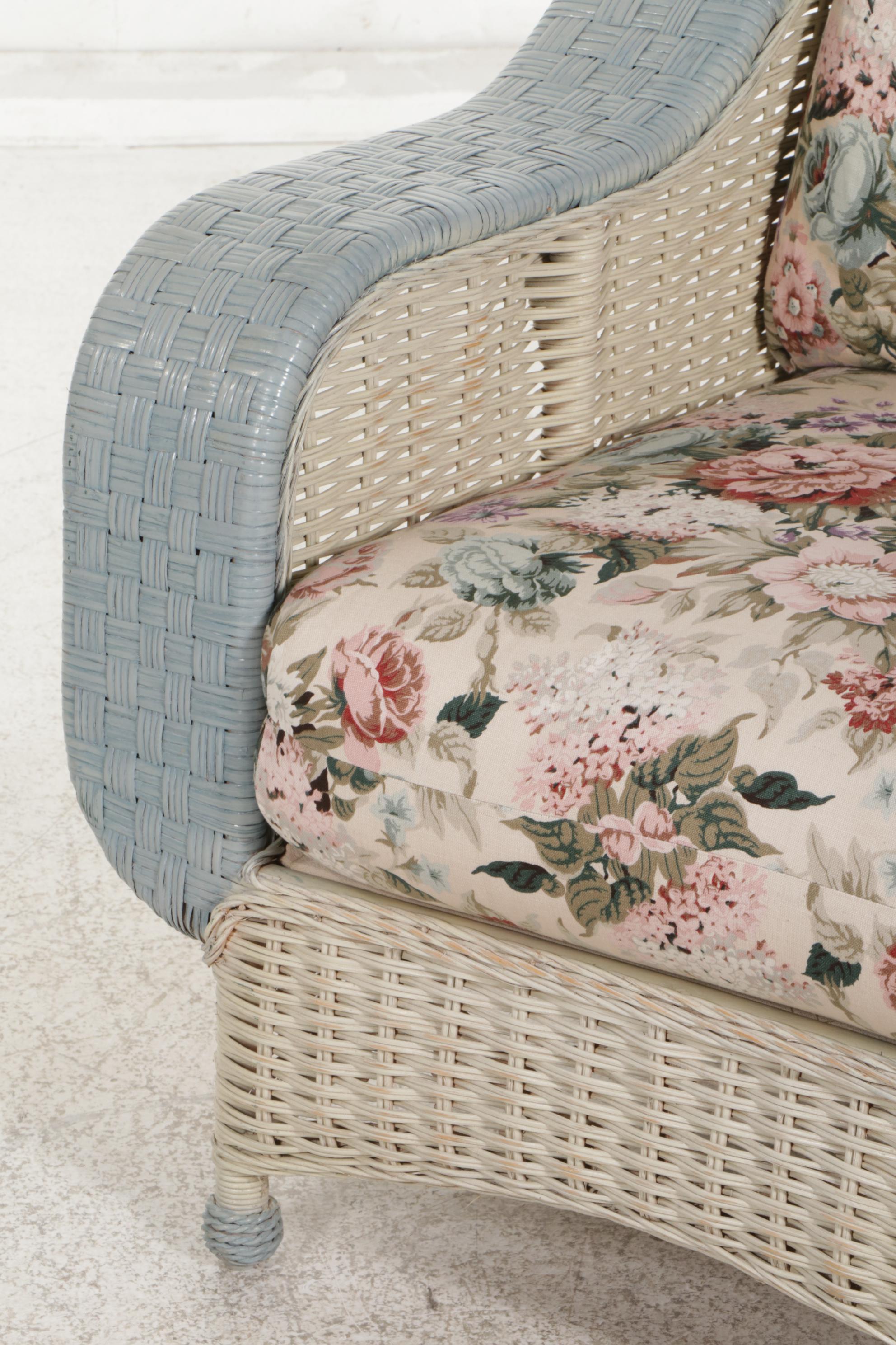 Painted Rattan Wicker Armchair With Upholstered Cushions, 21st Century